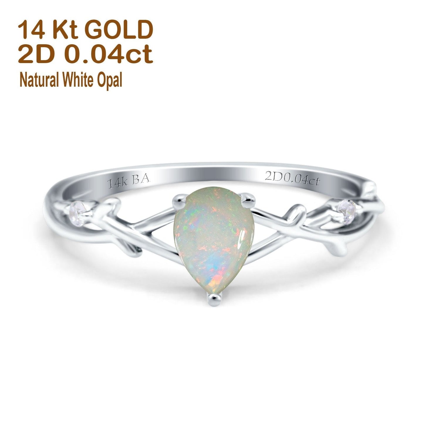 14K White Gold 0.04ct Natural White Opal Pear G SI Diamond Engagement Ring Size 6.5