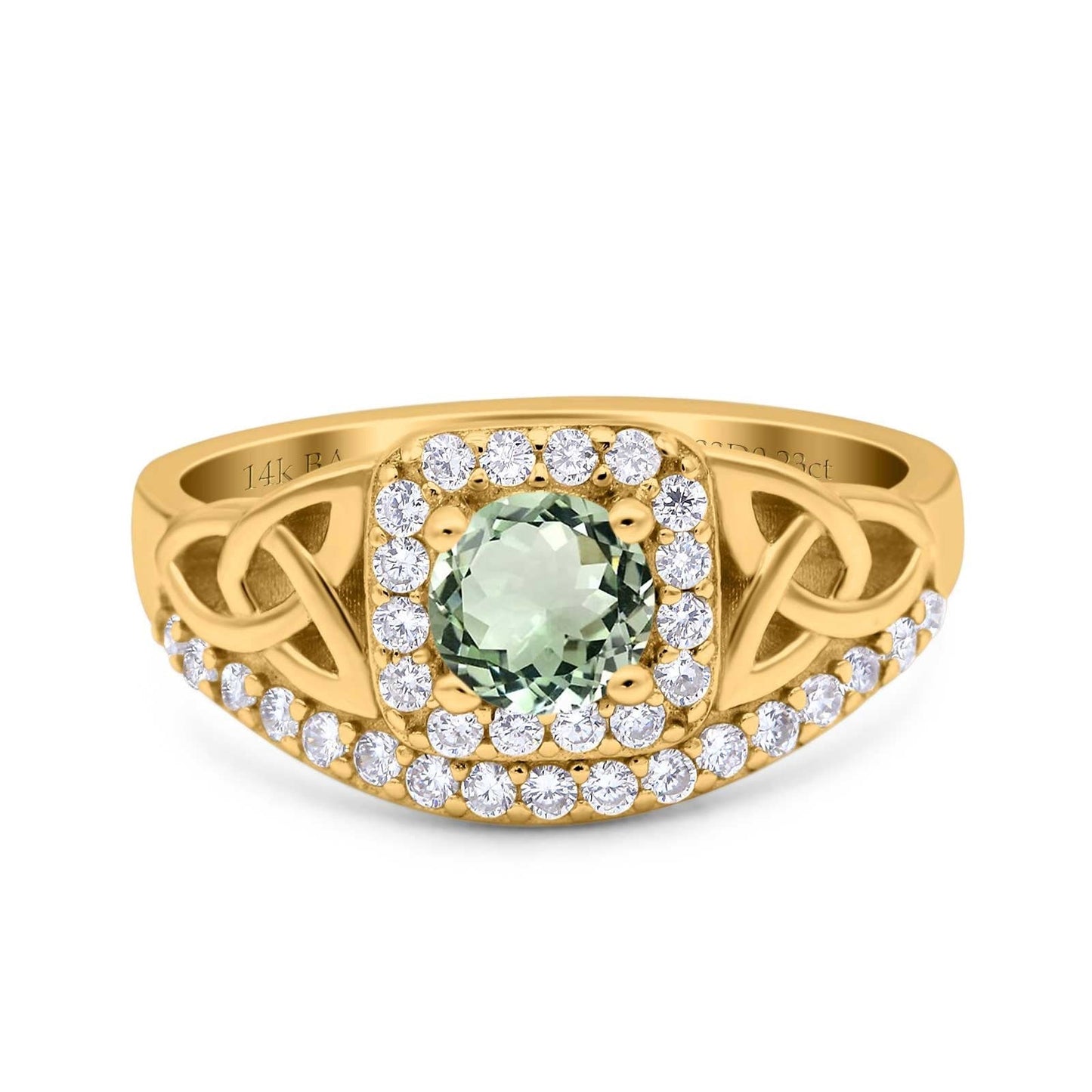 14K Yellow Gold 0.69ct Round Art Deco 5mm G SI Natural Green Amethyst Diamond Engagement Wedding Ring Size 6.5