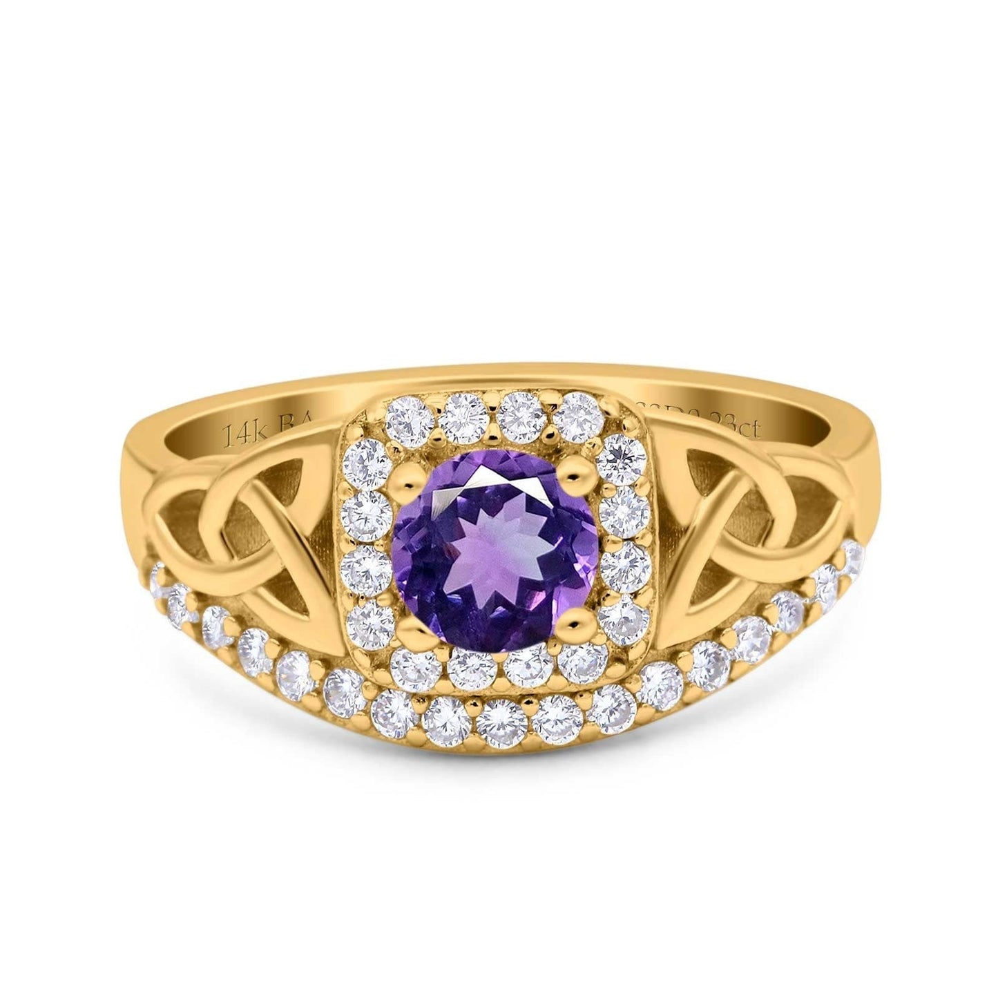 14K Yellow Gold 0.69ct Round Art Deco 5mm G SI Natural Amethyst Diamond Engagement Wedding Ring Size 6.5