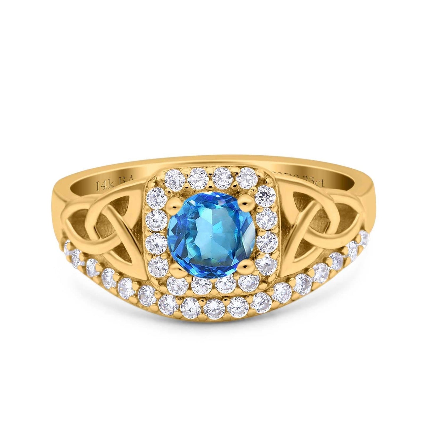 14K Yellow Gold 0.69ct Round Art Deco 5mm G SI Natural Blue Topaz Diamond Engagement Wedding Ring Size 6.5