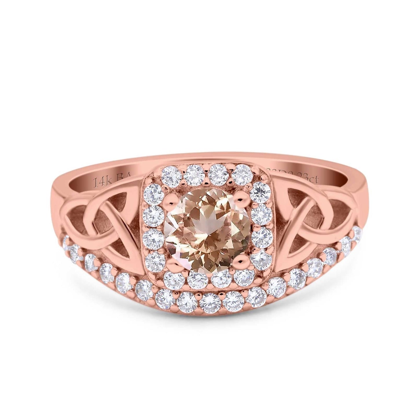 14K Rose Gold 0.69ct Round Art Deco 5mm G SI Natural Morganite Diamond Engagement Wedding Ring Size 6.5