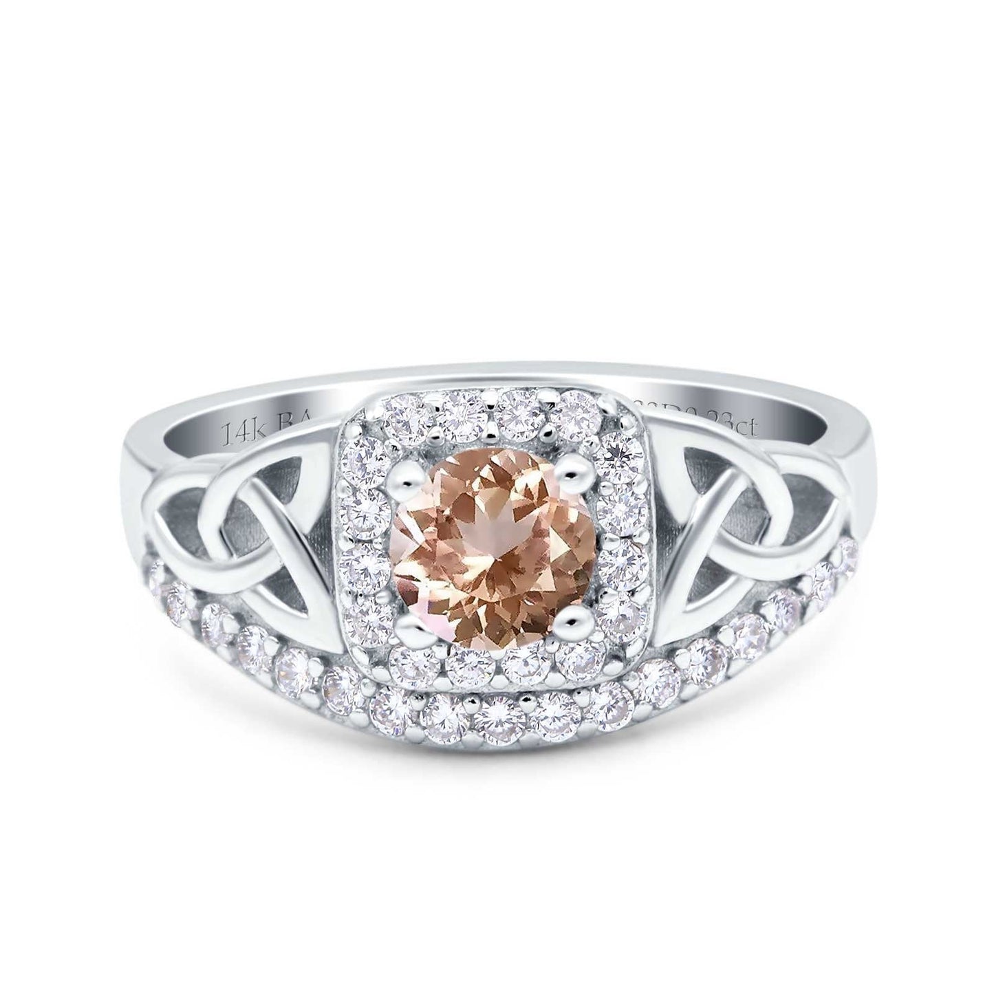 14K White Gold 0.69ct Round Art Deco 5mm G SI Natural Morganite Diamond Engagement Wedding Ring Size 6.5