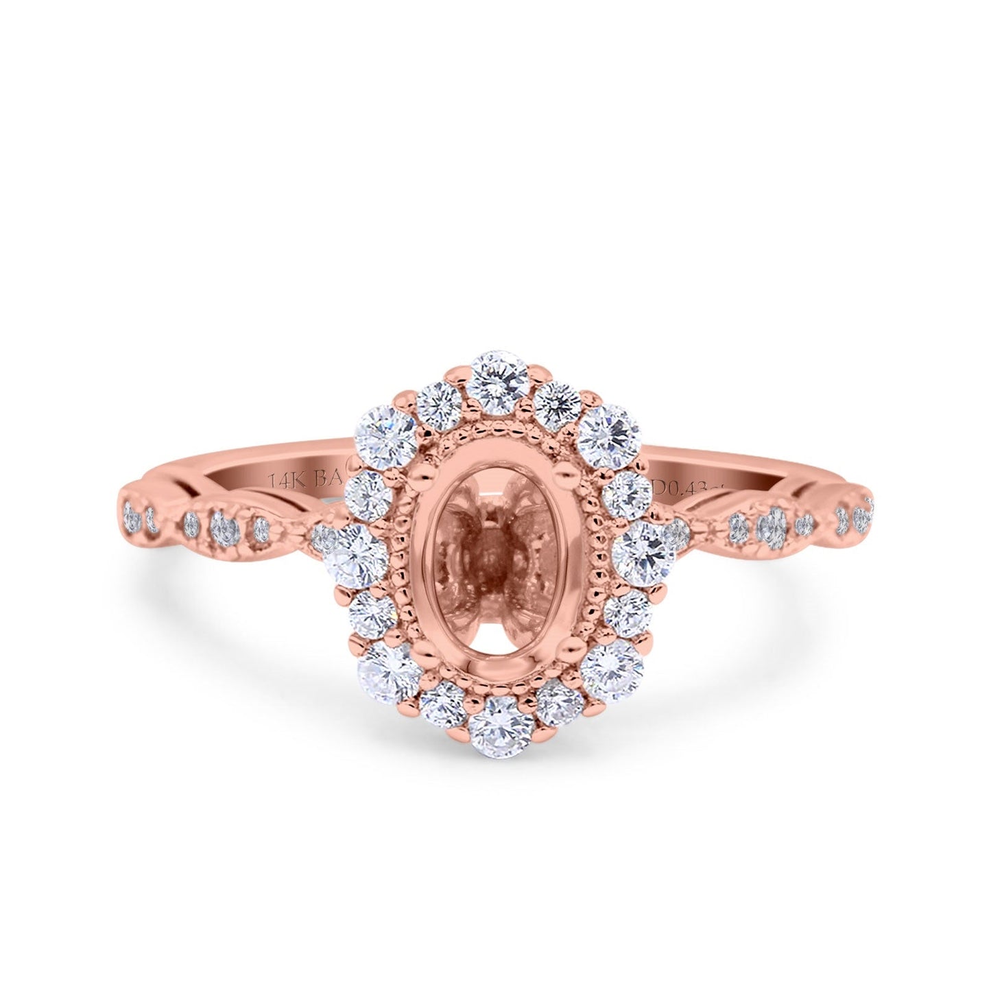 14K Rose Gold 0.43ct Vintage Art Deco Halo Oval 7mmx5mm G SI Semi Mount Diamond Engagement Wedding Ring