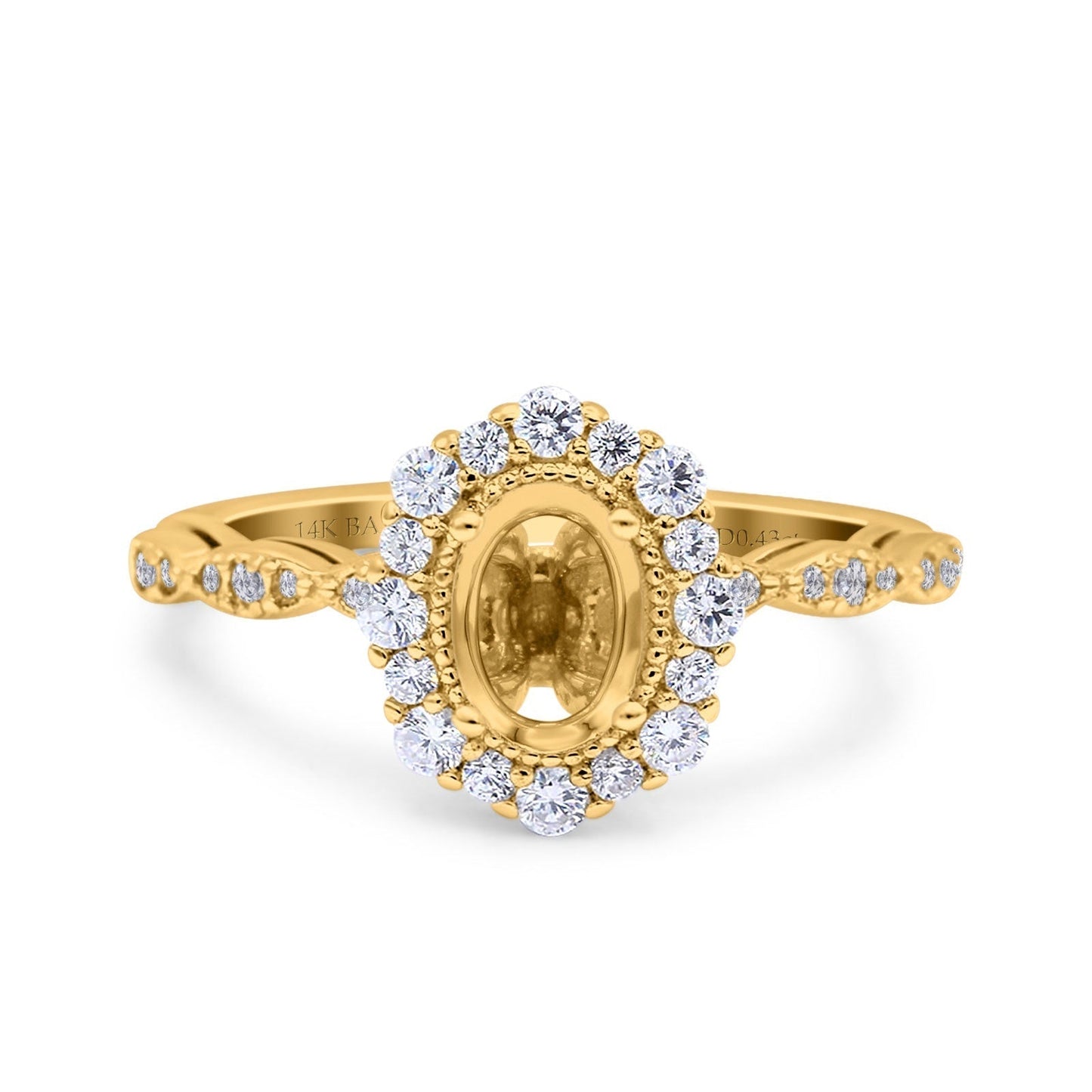 14K Yellow Gold 0.43ct Vintage Art Deco Halo Oval 7mmx5mm G SI Semi Mount Diamond Engagement Wedding Ring