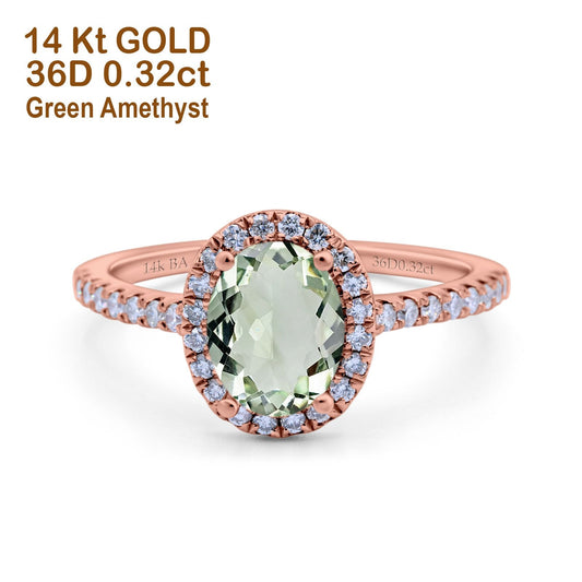 14K Rose Gold 0.93ct Oval Natural Green Amethyst G SI Diamond Engagement Ring Size 6.5