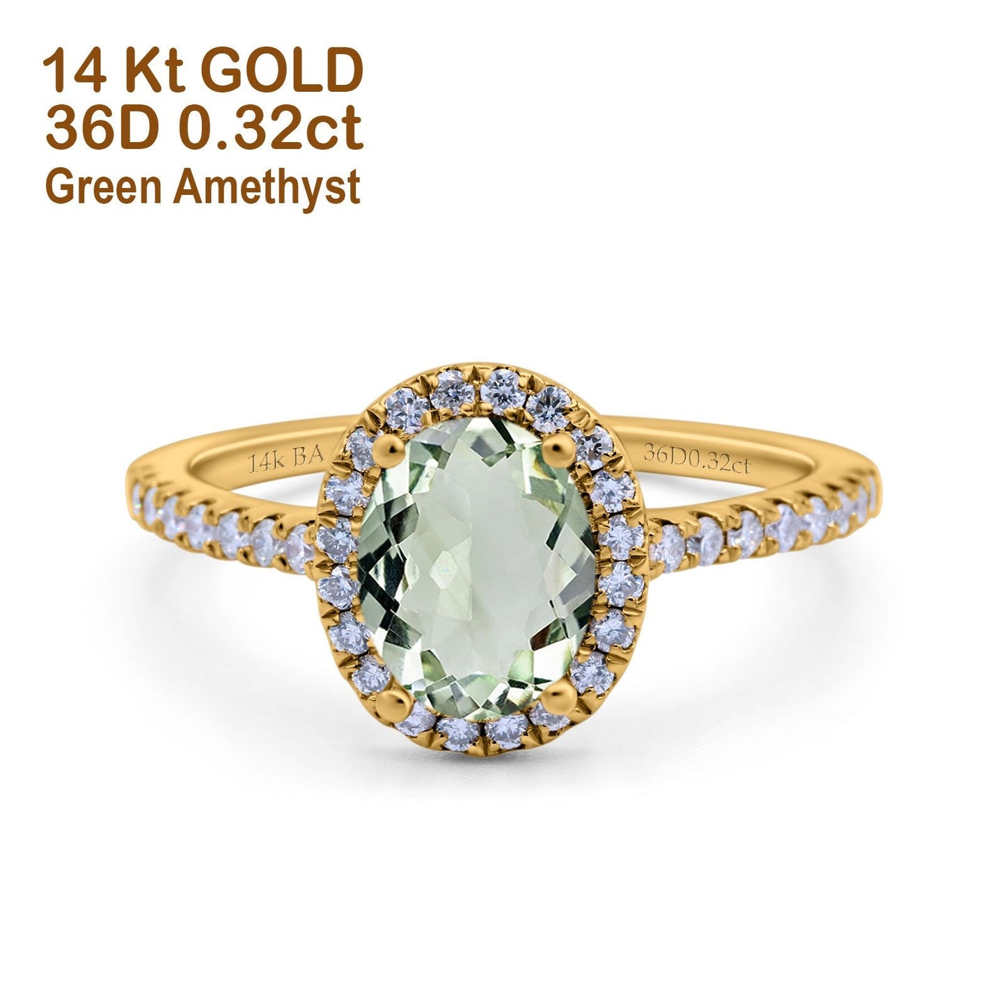 14K Yellow Gold 0.93ct Oval Natural Green Amethyst G SI Diamond Engagement Ring Size 6.5