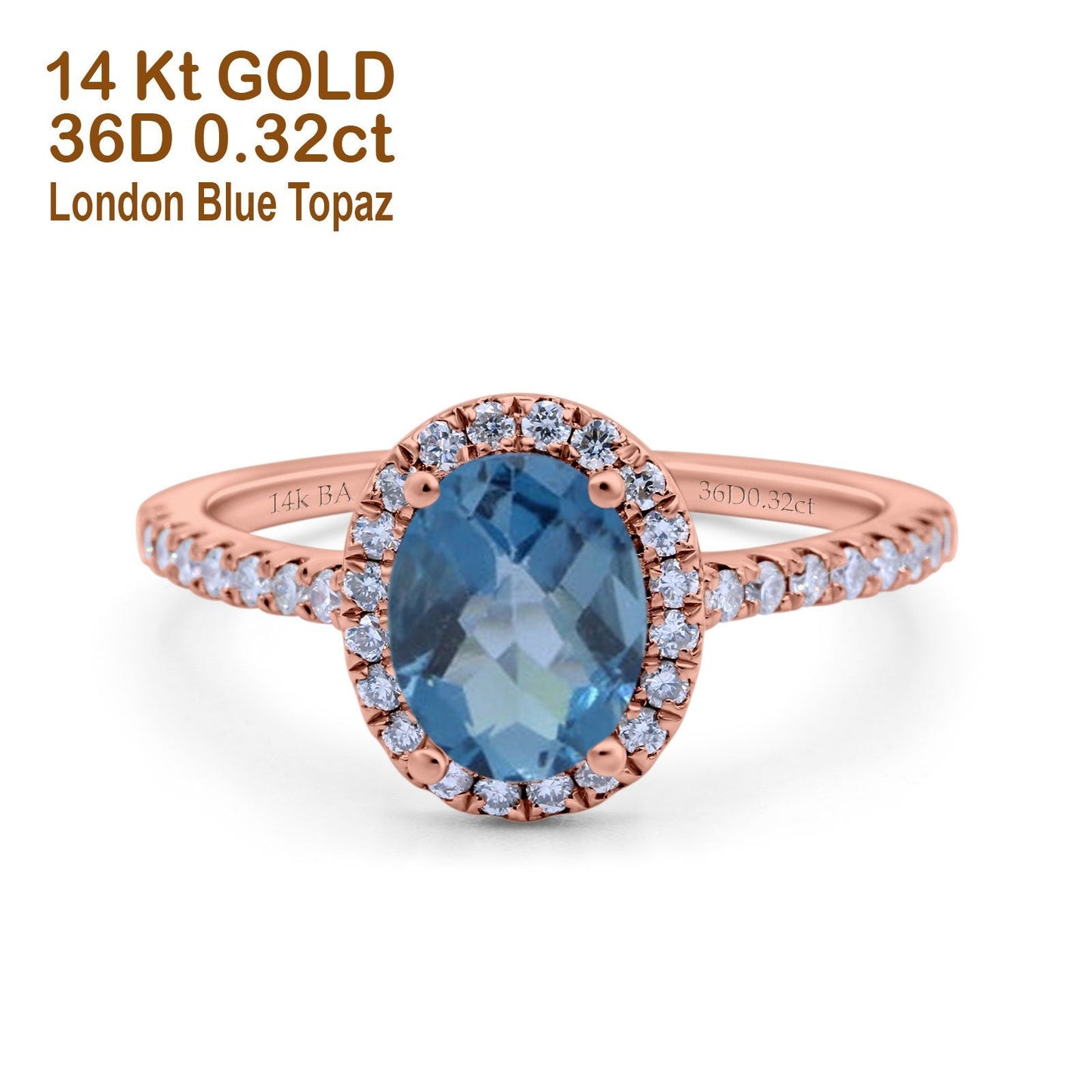 14K Rose Gold 0.93ct Oval London Blue Topaz G SI Diamond Engagement Ring Size 6.5