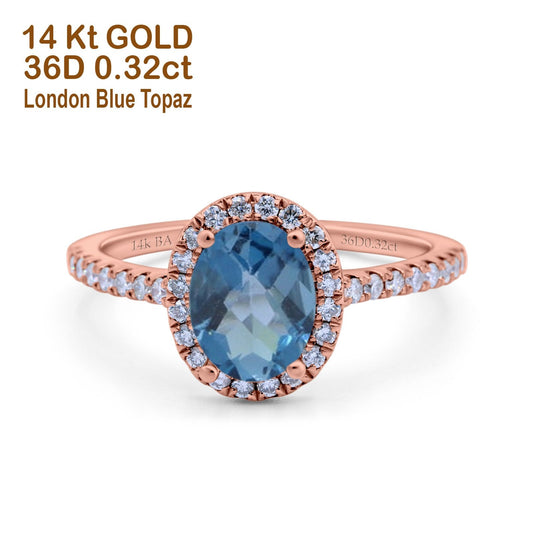 14K Rose Gold 0.93ct Oval London Blue Topaz G SI Diamond Engagement Ring Size 6.5