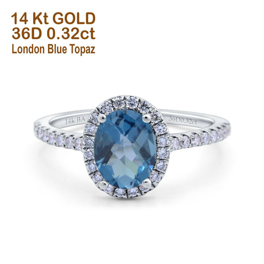 14K White Gold 0.93ct Oval London Blue Topaz G SI Diamond Engagement Ring Size 6.5