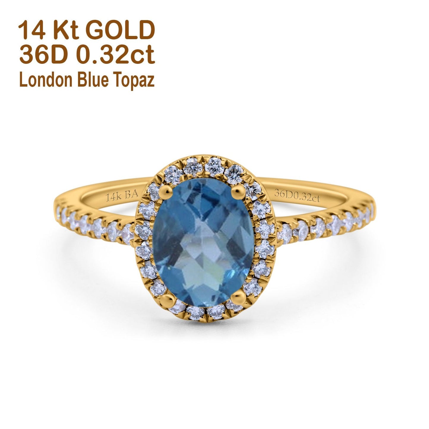 14K Yellow Gold 0.93ct Oval London Blue Topaz G SI Diamond Engagement Ring Size 6.5