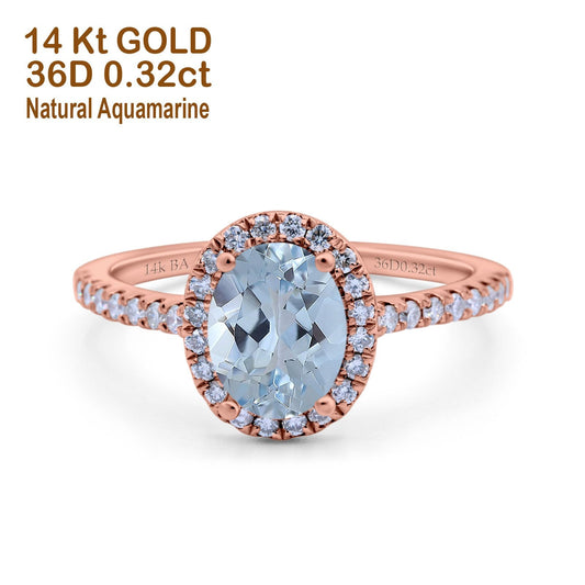 14K Rose Gold 0.93ct Oval Natural Aquamarine G SI Diamond Engagement Ring Size 6.5