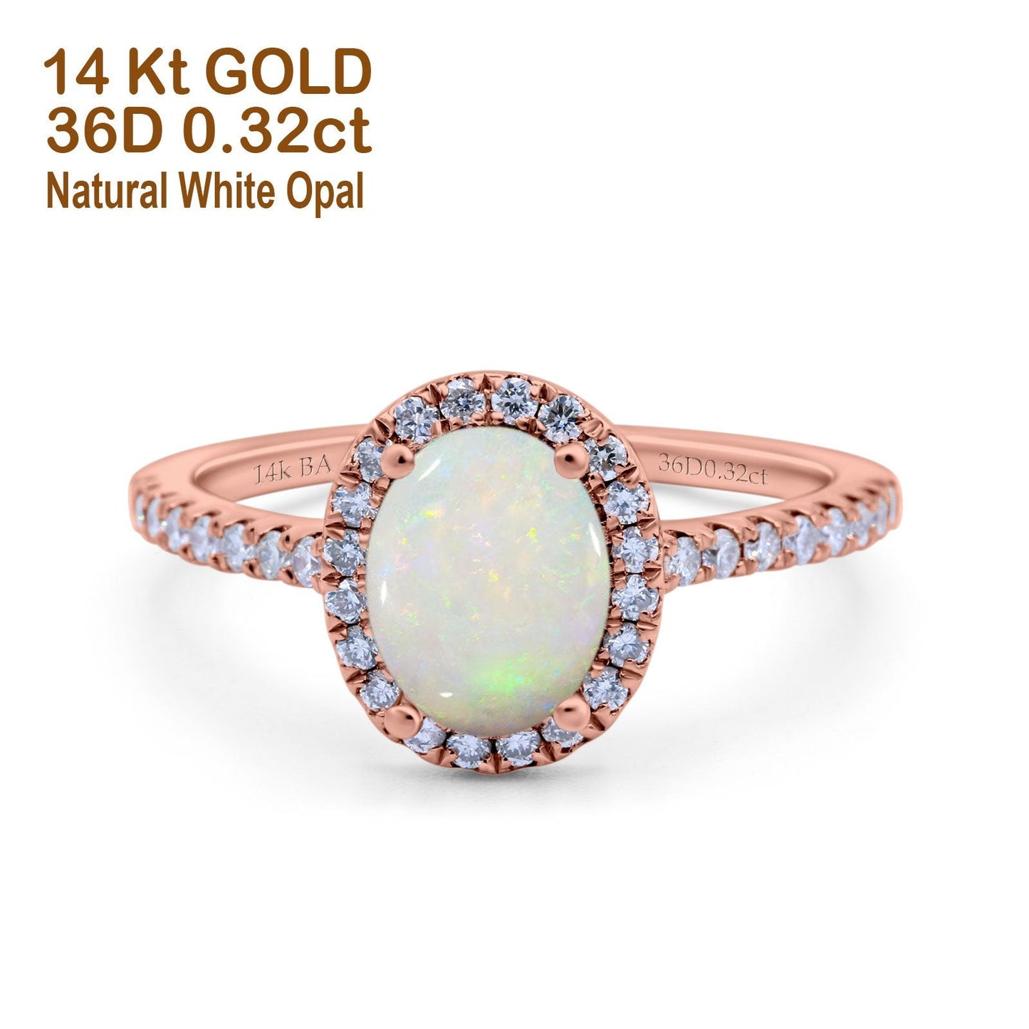 14K Rose Gold 0.32ct Oval Natural White Opal G SI Diamond Engagement Ring Size 6.5