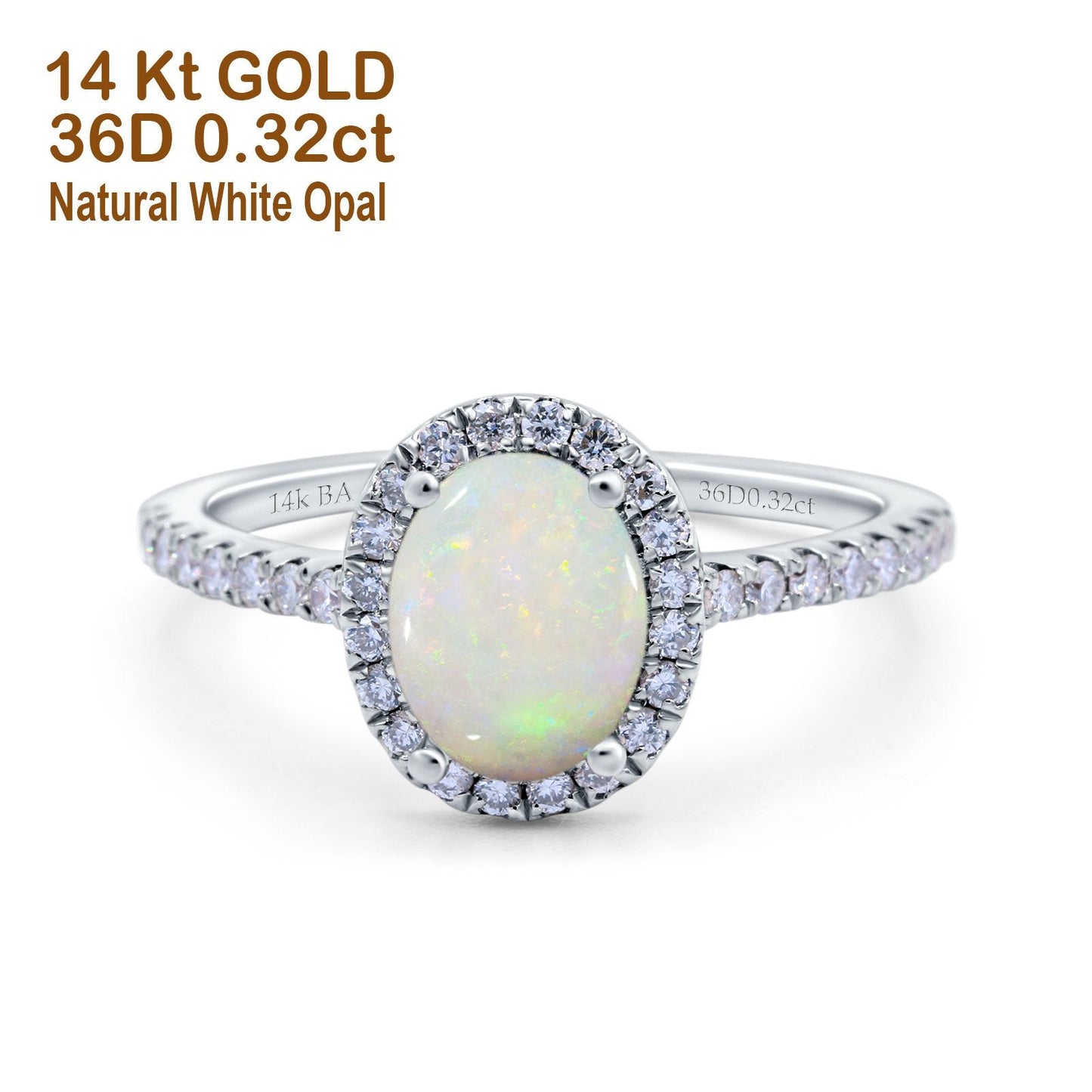 14K White Gold 0.32ct Oval Natural White Opal G SI Diamond Engagement Ring Size 6.5