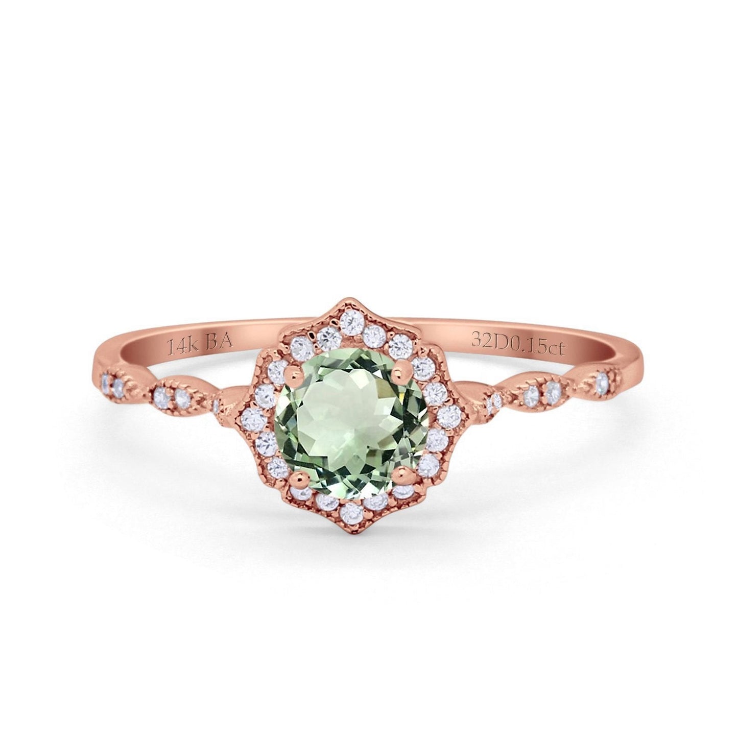 14K Rose Gold 0.99ct Round Petite Dainty 6mm G SI Natural Green Amethyst Diamond Engagement Wedding Ring Size 6.5