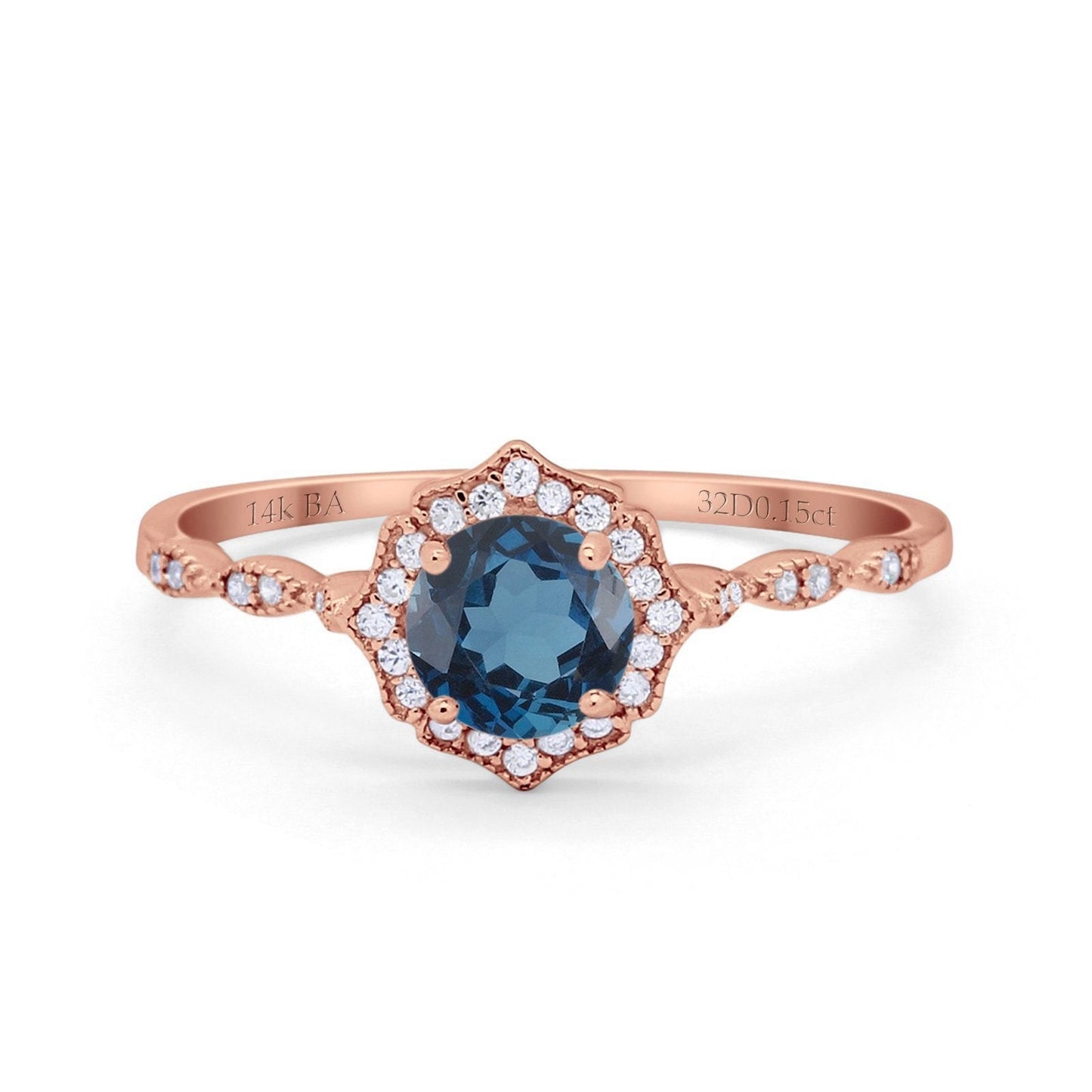 14K Rose Gold 0.99ct Round Petite Dainty 6mm G SI London Blue Topaz Diamond Engagement Wedding Ring Size 6.5