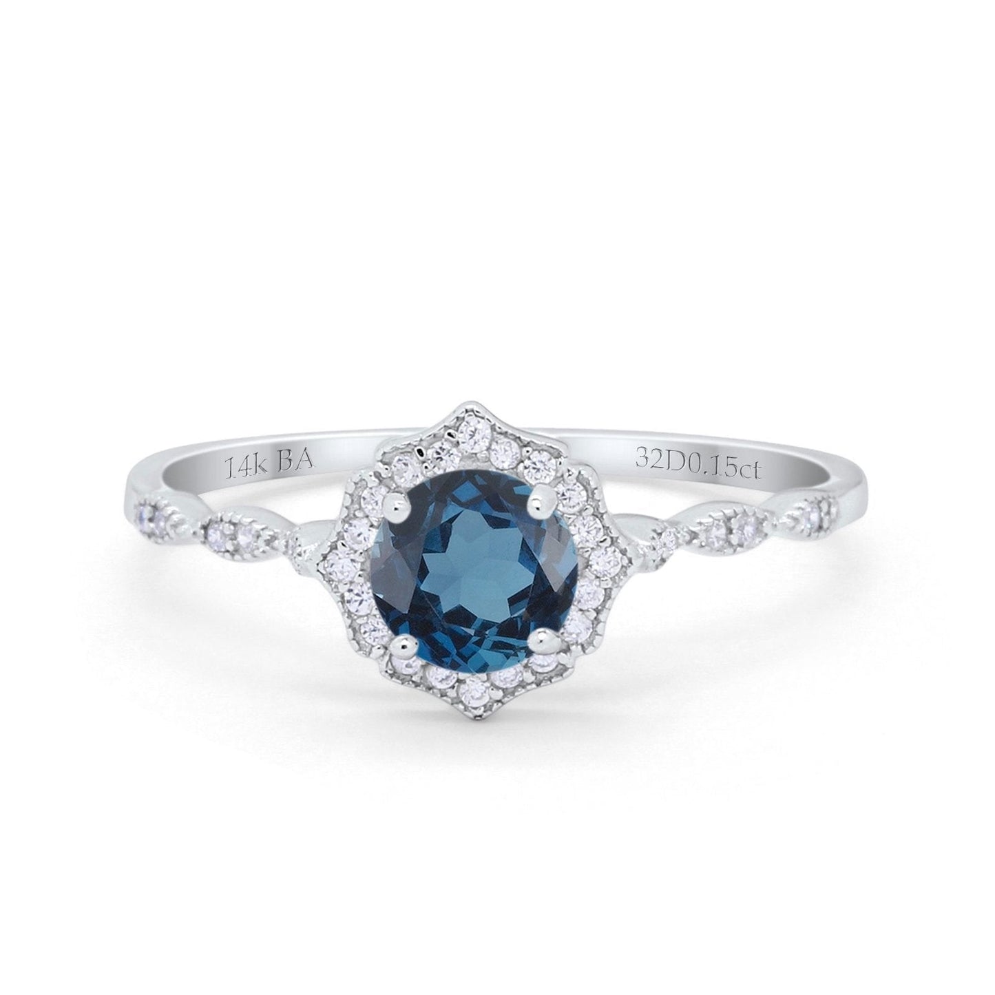 14K White Gold 0.99ct Round Petite Dainty 6mm G SI London Blue Topaz Diamond Engagement Wedding Ring Size 6.5