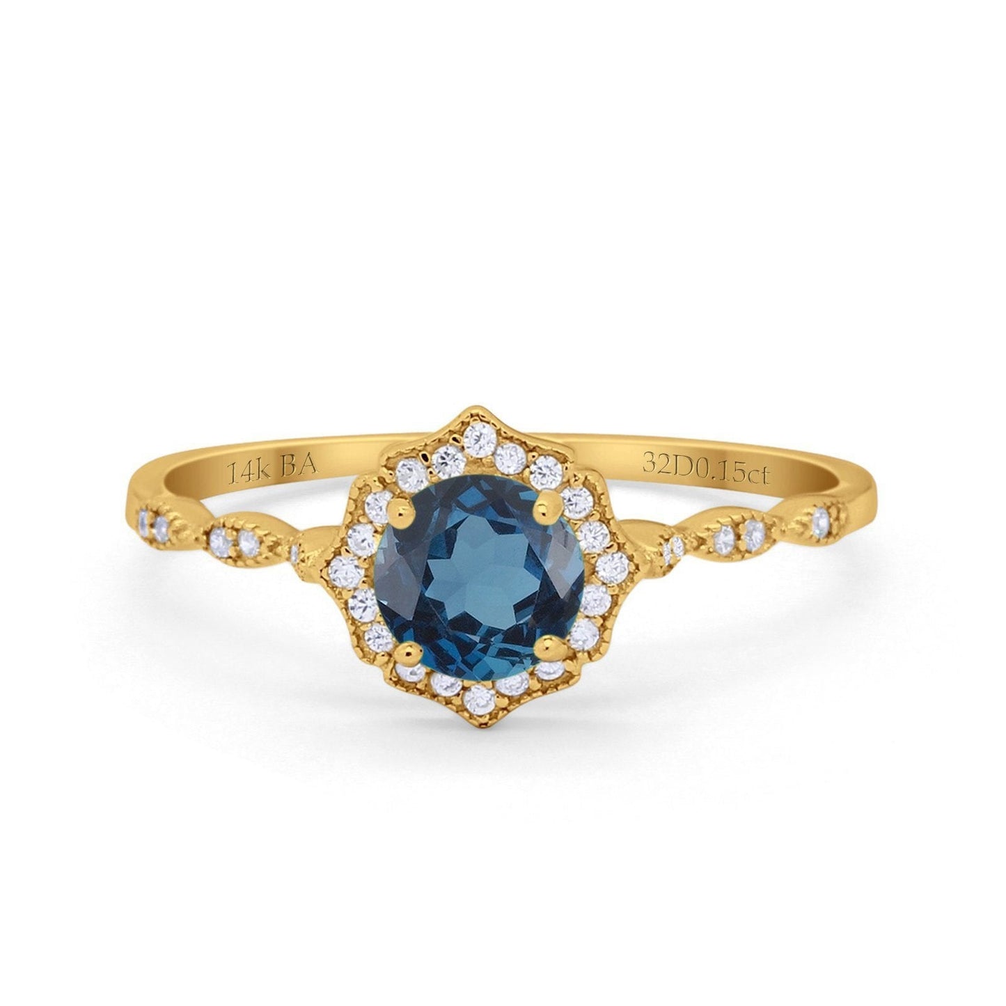 14K Yellow Gold 0.99ct Round Petite Dainty 6mm G SI London Blue Topaz Diamond Engagement Wedding Ring Size 6.5