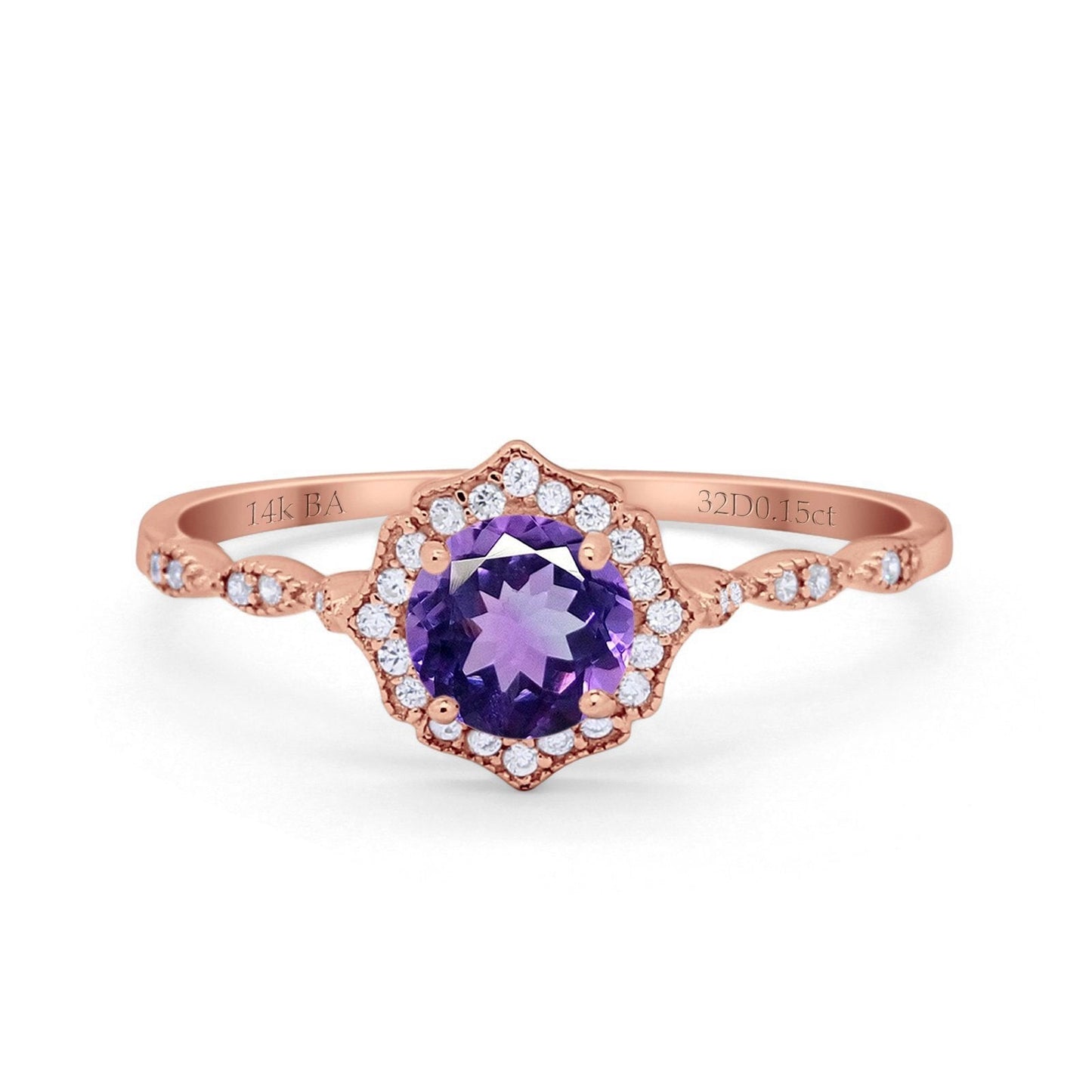 14K Rose Gold 0.99ct Round Petite Dainty 6mm G SI Natural Amethyst Diamond Engagement Wedding Ring Size 6.5