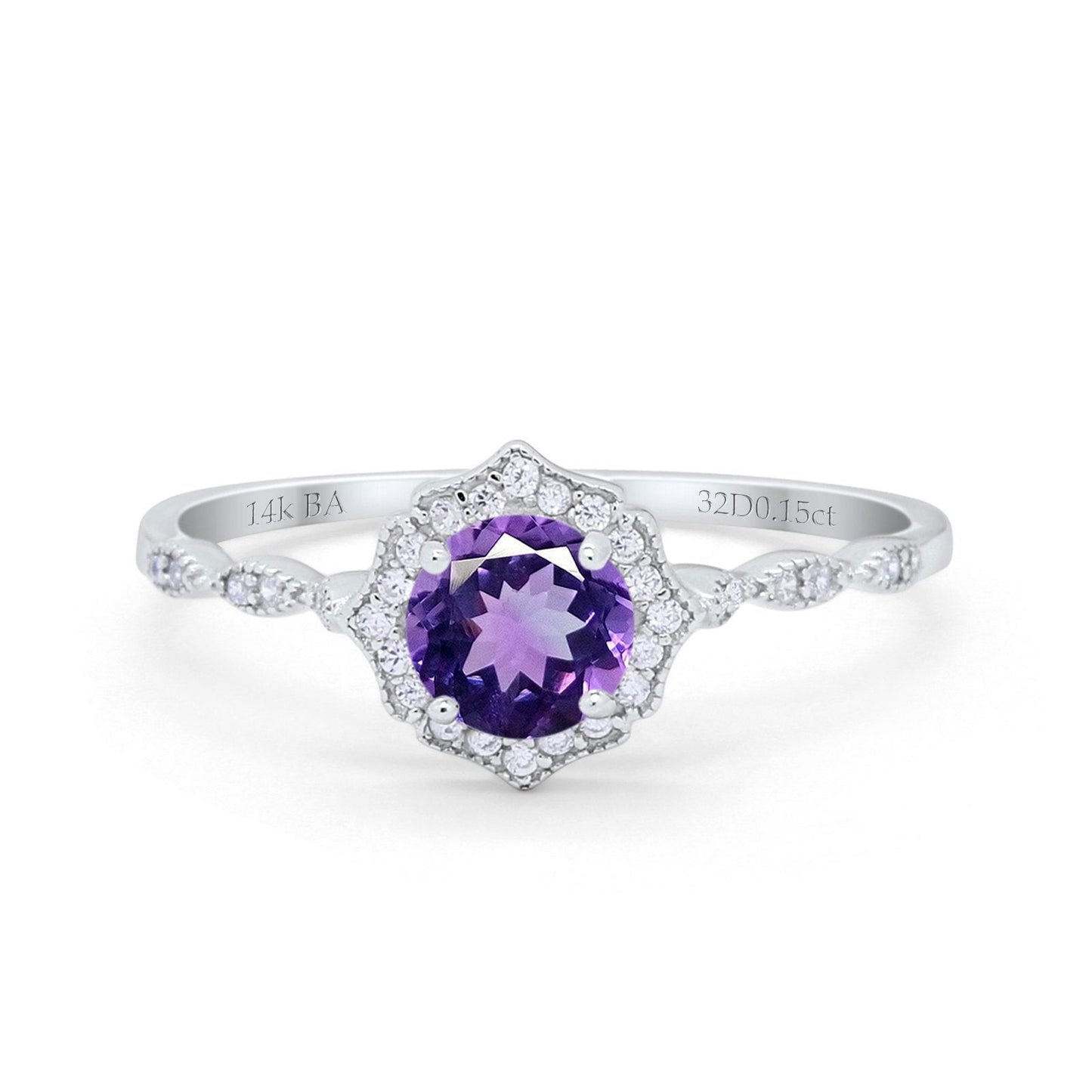 14K White Gold 0.99ct Round Petite Dainty 6mm G SI Natural Amethyst Diamond Engagement Wedding Ring Size 6.5