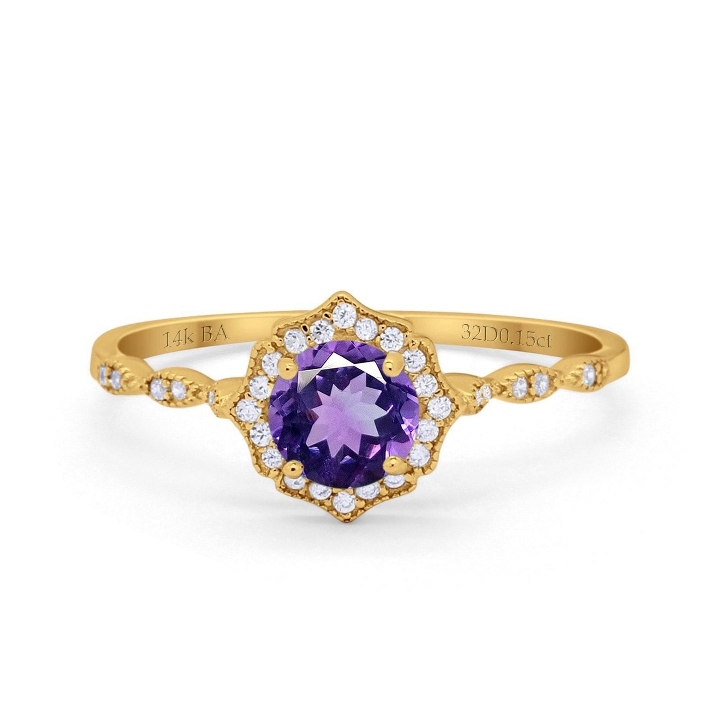 14K Yellow Gold 0.99ct Round Petite Dainty 6mm G SI Natural Amethyst Diamond Engagement Wedding Ring Size 6.5