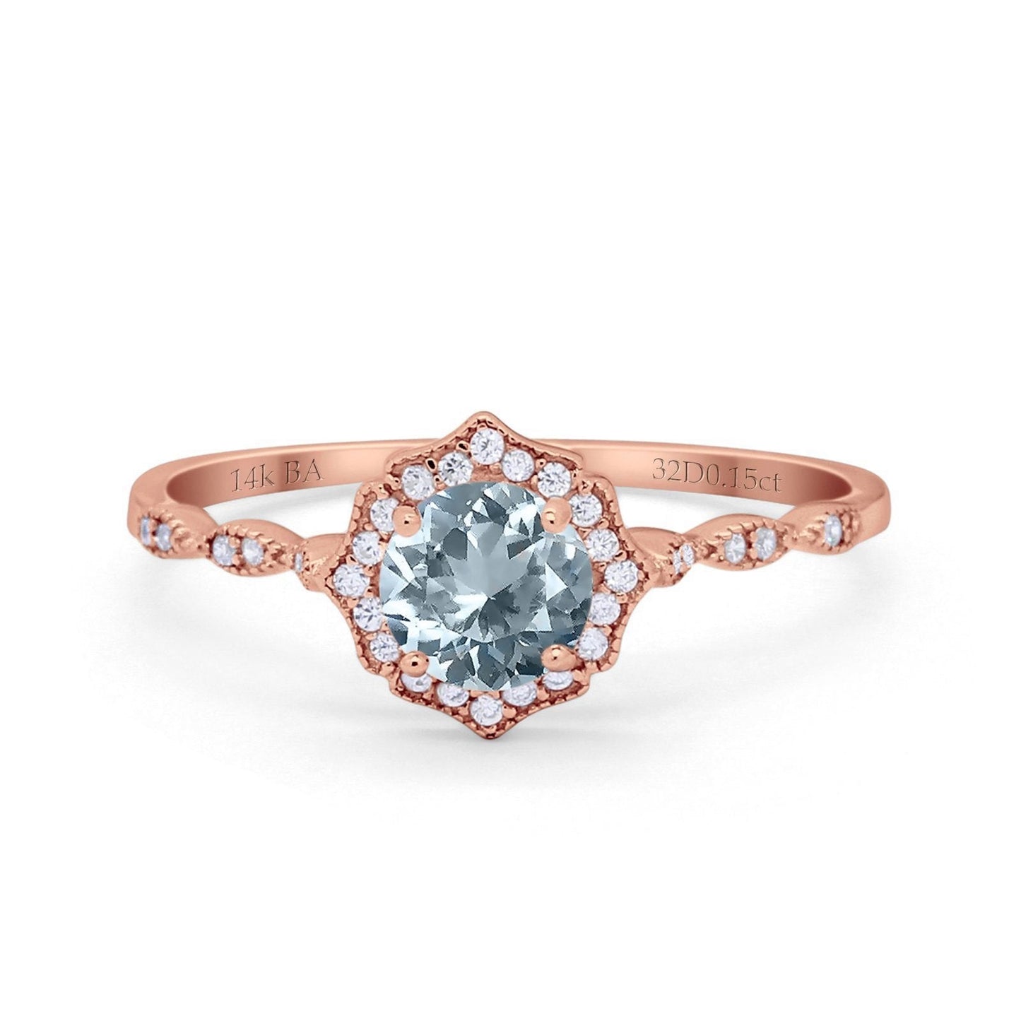 14K Rose Gold 0.99ct Round Petite Dainty 6mm G SI Natural Aquamarine Diamond Engagement Wedding Ring Size 6.5