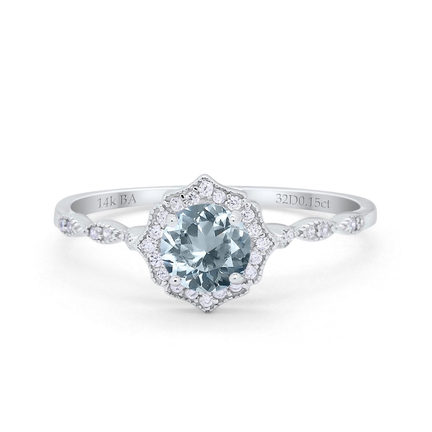 14K White Gold 0.99ct Round Petite Dainty 6mm G SI Natural Aquamarine Diamond Engagement Wedding Ring Size 6.5