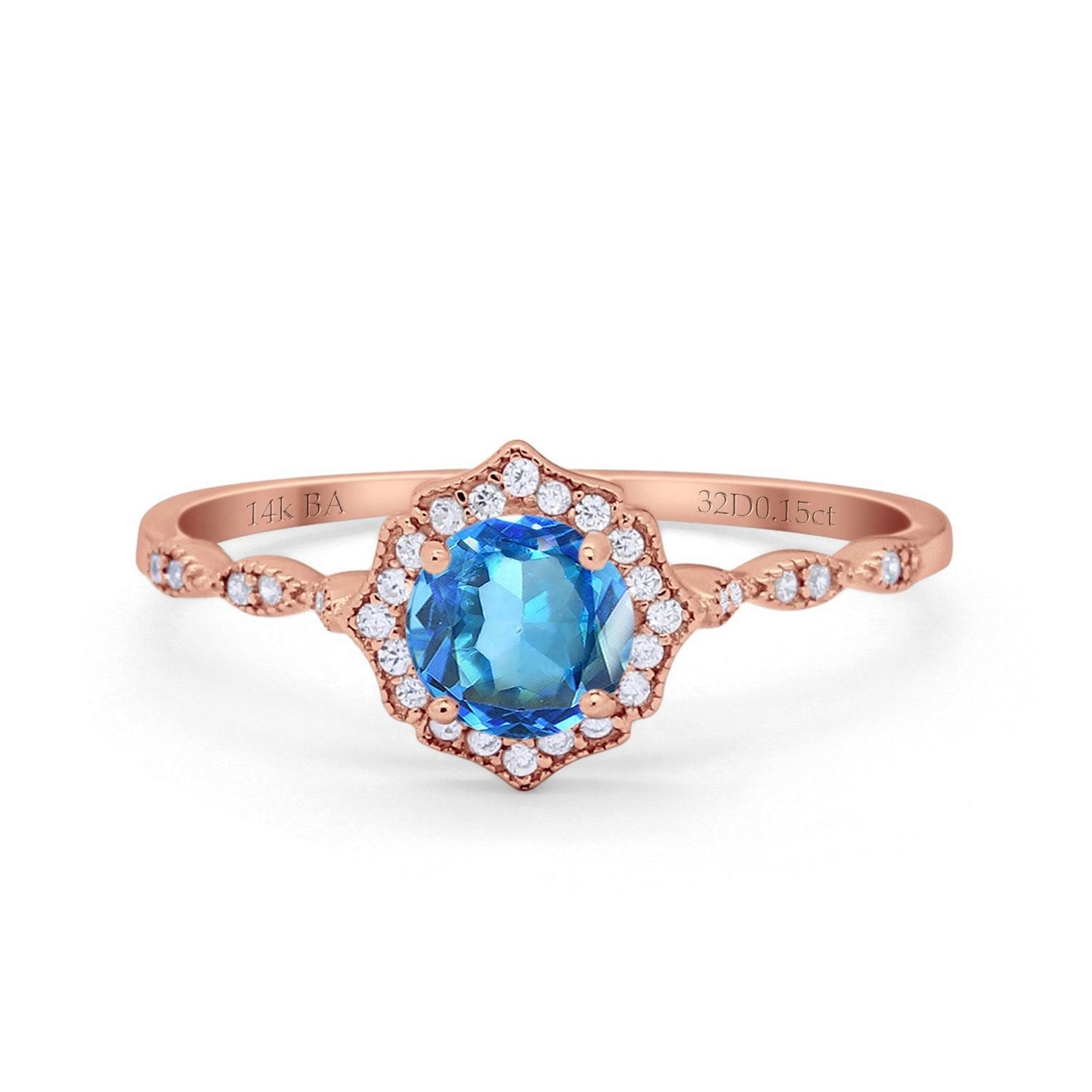 14K Rose Gold 0.99ct Round Petite Dainty 6mm G SI Natural Blue Topaz Diamond Engagement Wedding Ring Size 6.5