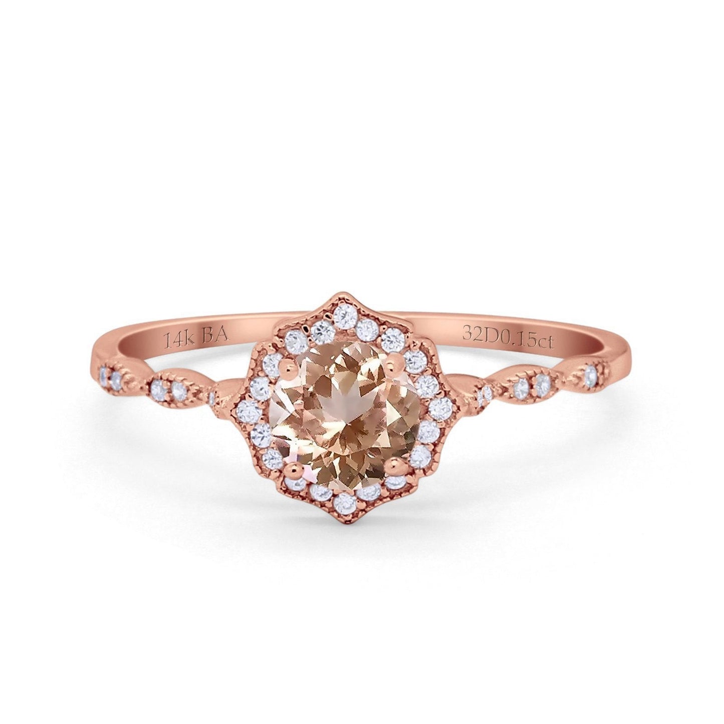 14K Rose Gold 0.99ct Round Petite Dainty 6mm G SI Natural Morganite Diamond Engagement Wedding Ring Size 6.5