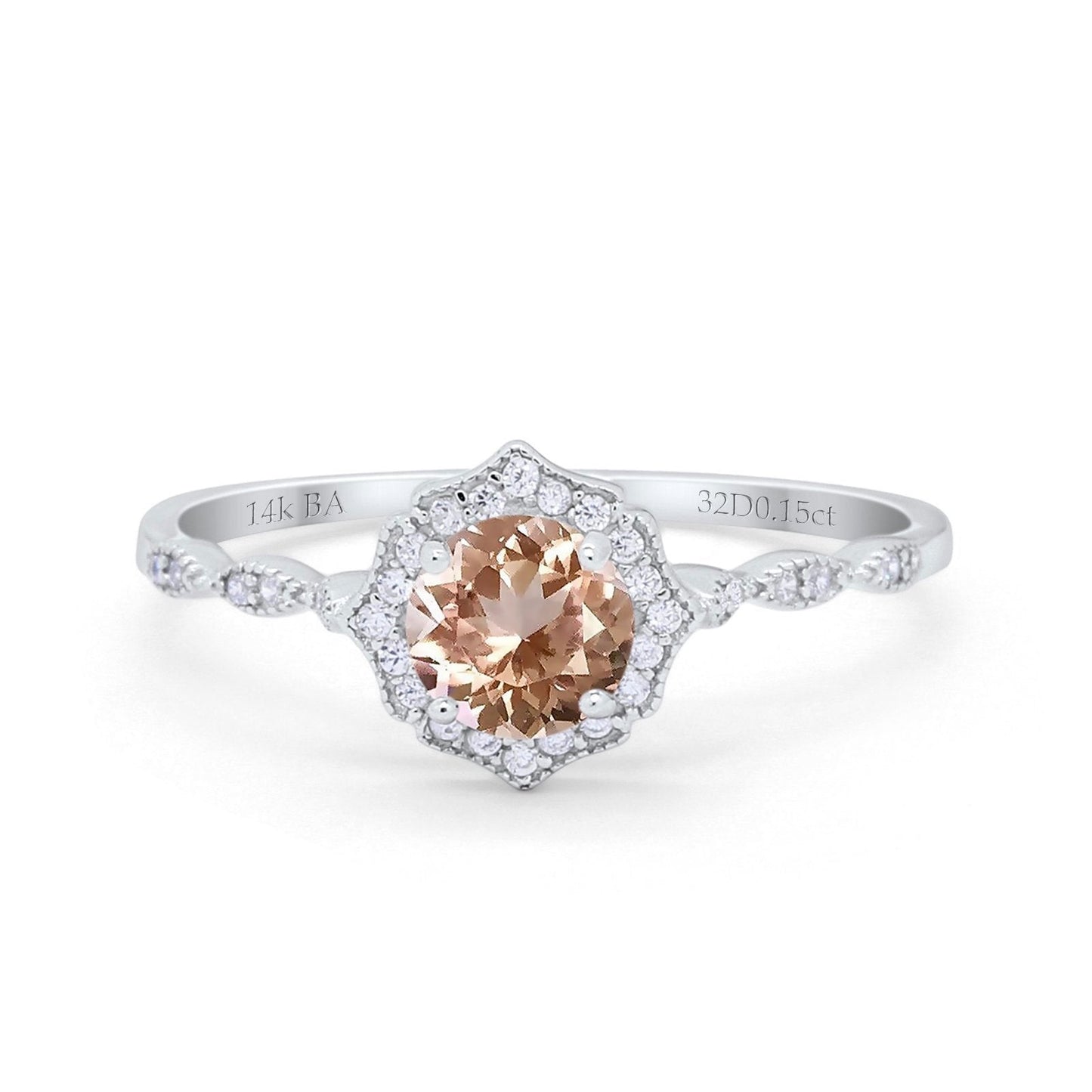 14K White Gold 0.99ct Round Petite Dainty 6mm G SI Natural Morganite Diamond Engagement Wedding Ring Size 6.5