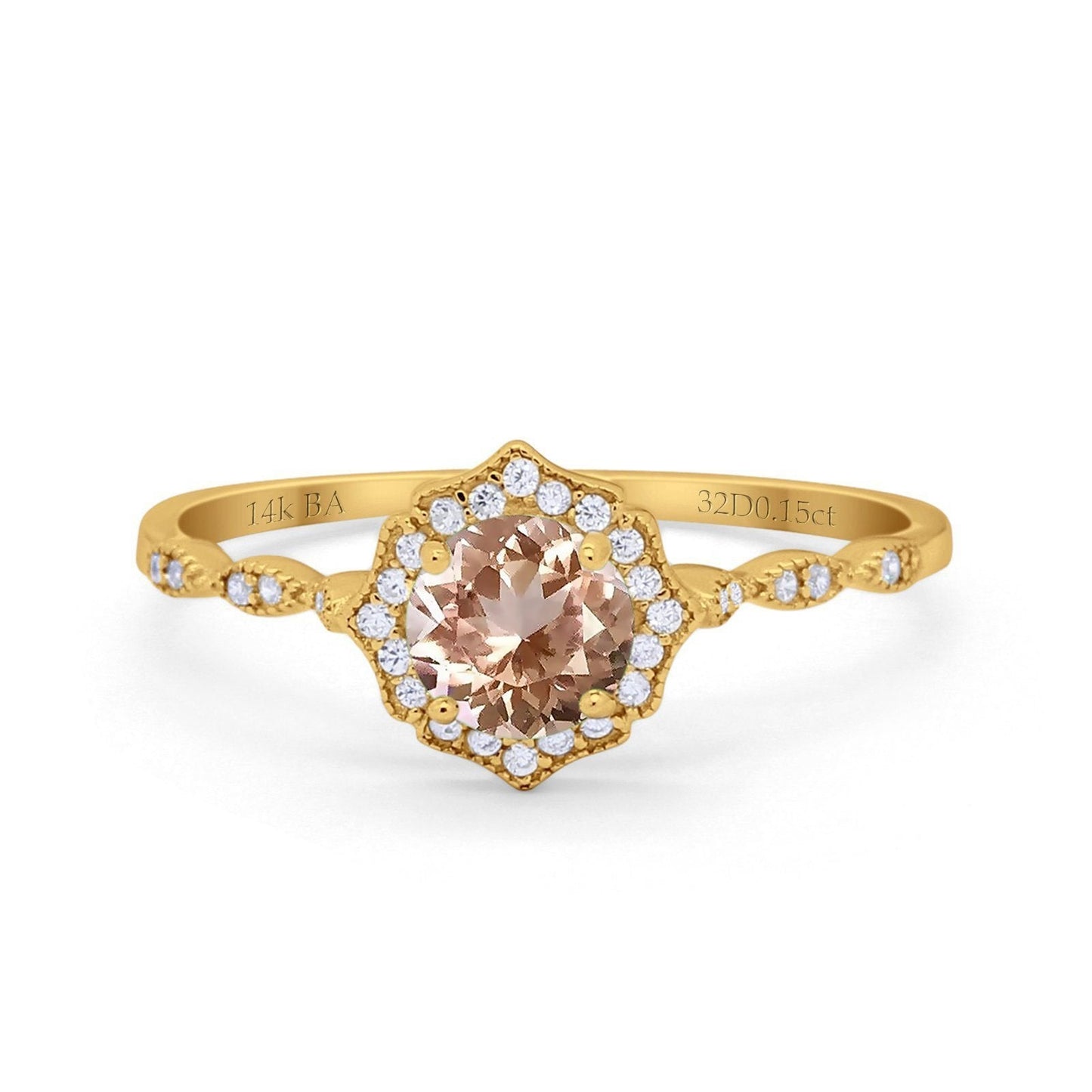 14K Yellow Gold 0.99ct Round Petite Dainty 6mm G SI Natural Morganite Diamond Engagement Wedding Ring Size 6.5