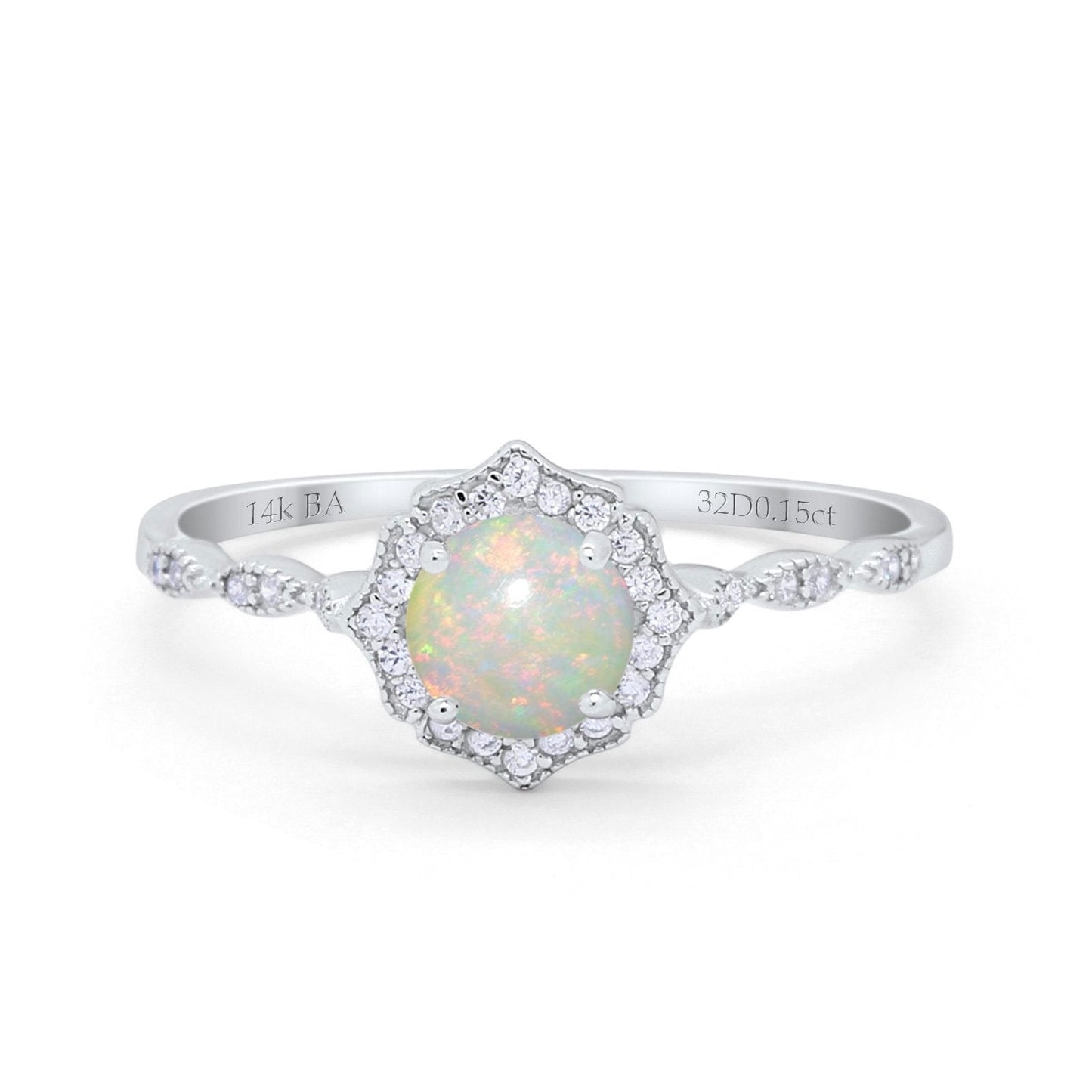 14K White Gold 0.15ct Round Petite Dainty 6mm G SI Natural White Opal Diamond Engagement Wedding Ring Size 6.5