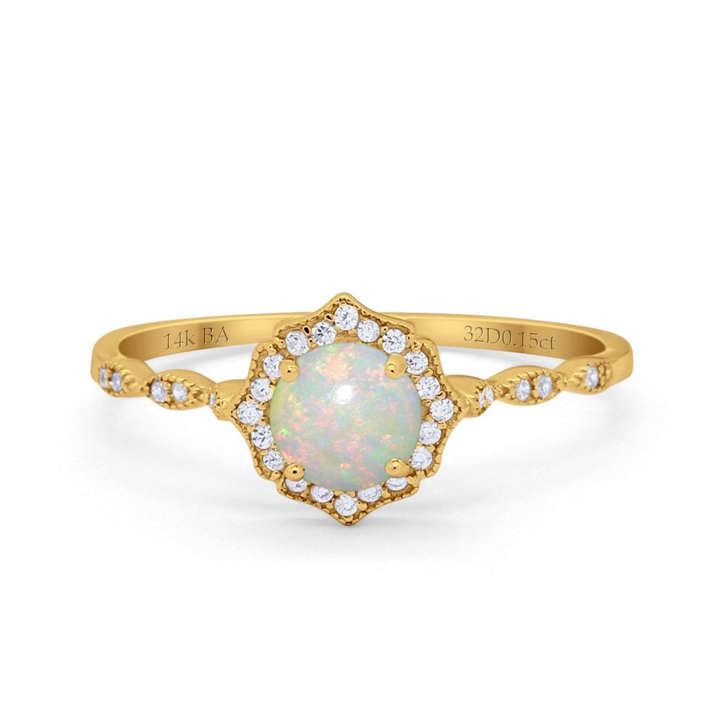 14K Yellow Gold 0.15ct Round Petite Dainty 6mm G SI Natural White Opal Diamond Engagement Wedding Ring Size 6.5