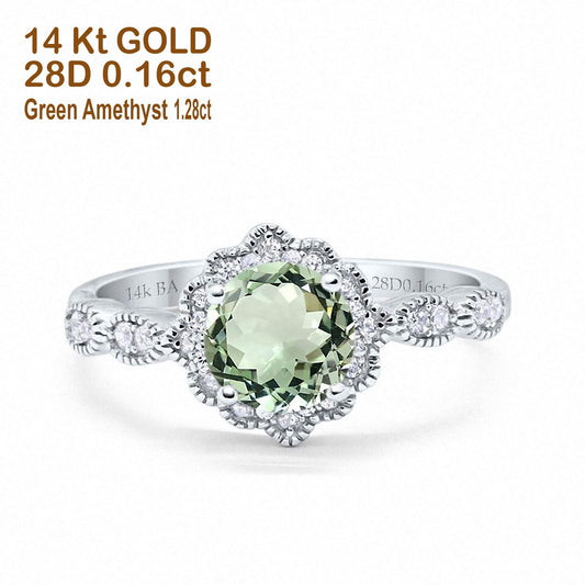 14K White Gold Round Natural Green Amethyst 1.44ct G SI Diamond Engagement Ring Size 6.5