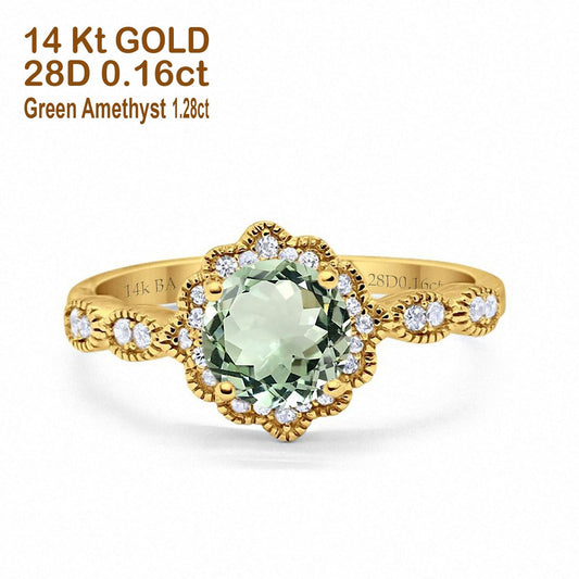 14K Yellow Gold Round Natural Green Amethyst 1.44ct G SI Diamond Engagement Ring Size 6.5