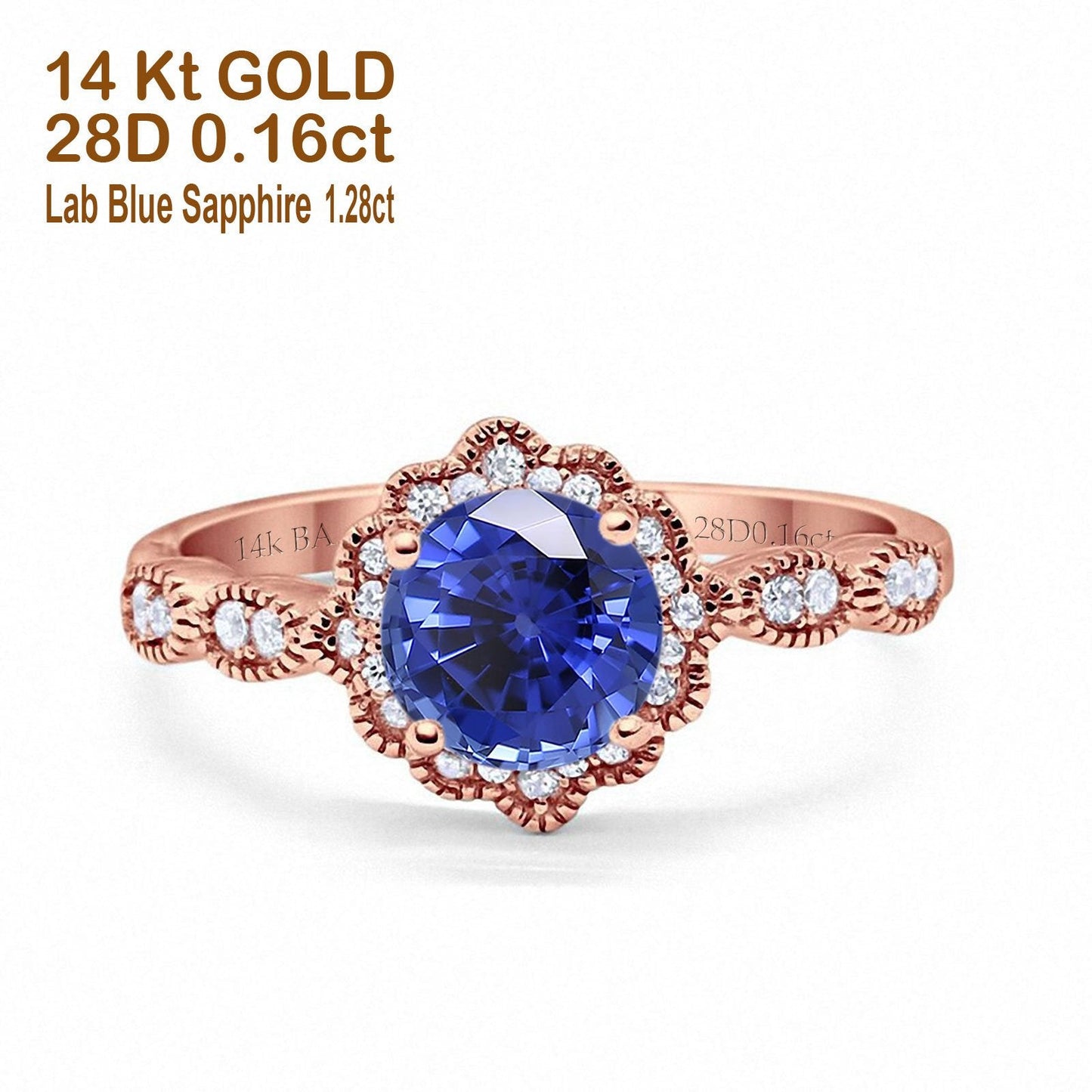 14K Rose Gold Round Nano Blue Sapphire 1.44ct G SI Diamond Engagement Ring Size 6.5