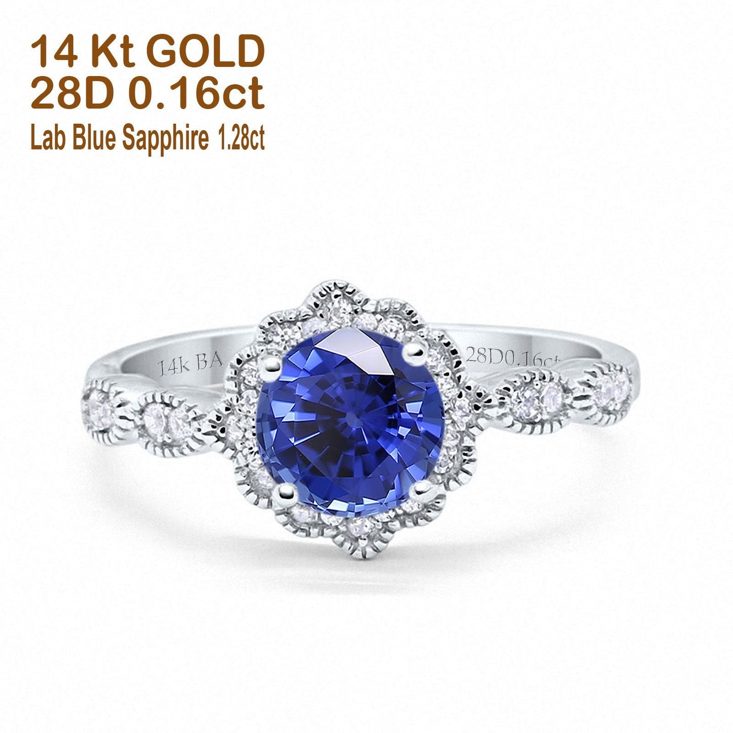 14K White Gold Round Nano Blue Sapphire 1.44ct G SI Diamond Engagement Ring Size 6.5