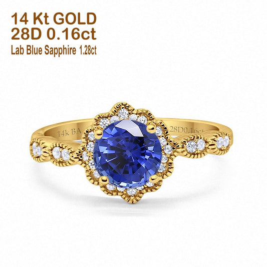 14K Yellow Gold Round Nano Blue Sapphire 1.44ct G SI Diamond Engagement Ring Size 6.5