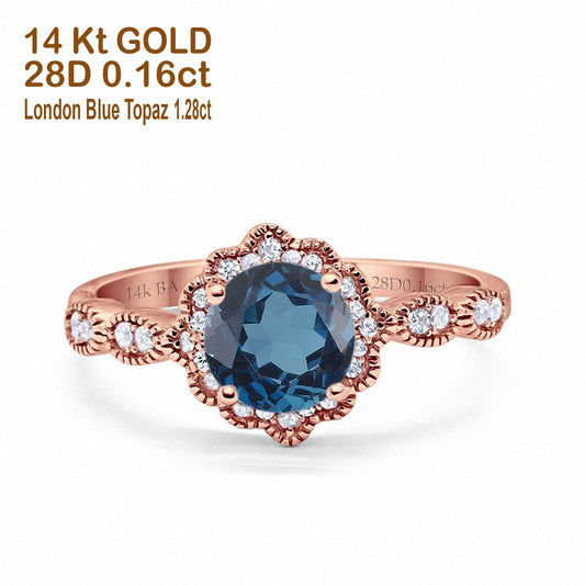 14K Rose Gold Round London Blue Topaz 1.44ct G SI Diamond Engagement Ring Size 6.5