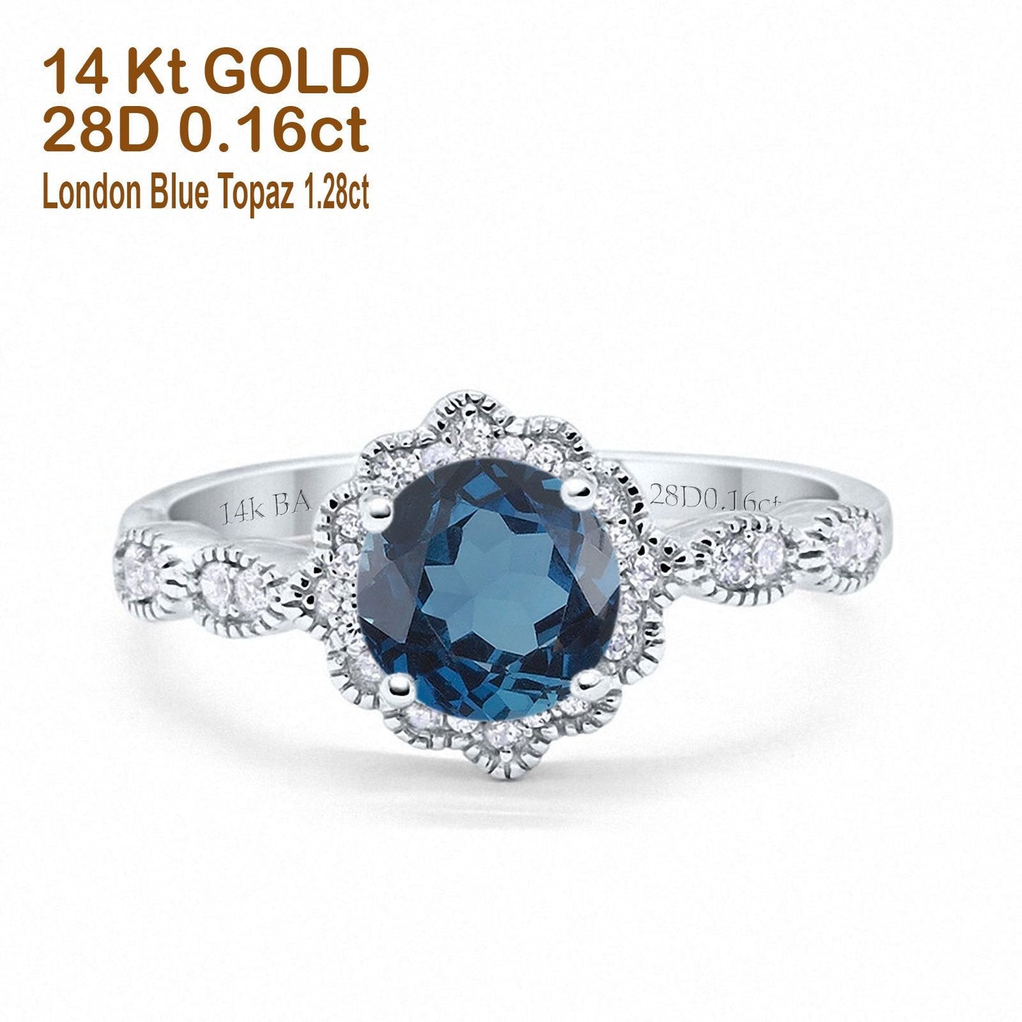 14K White Gold Round London Blue Topaz 1.44ct G SI Diamond Engagement Ring Size 6.5