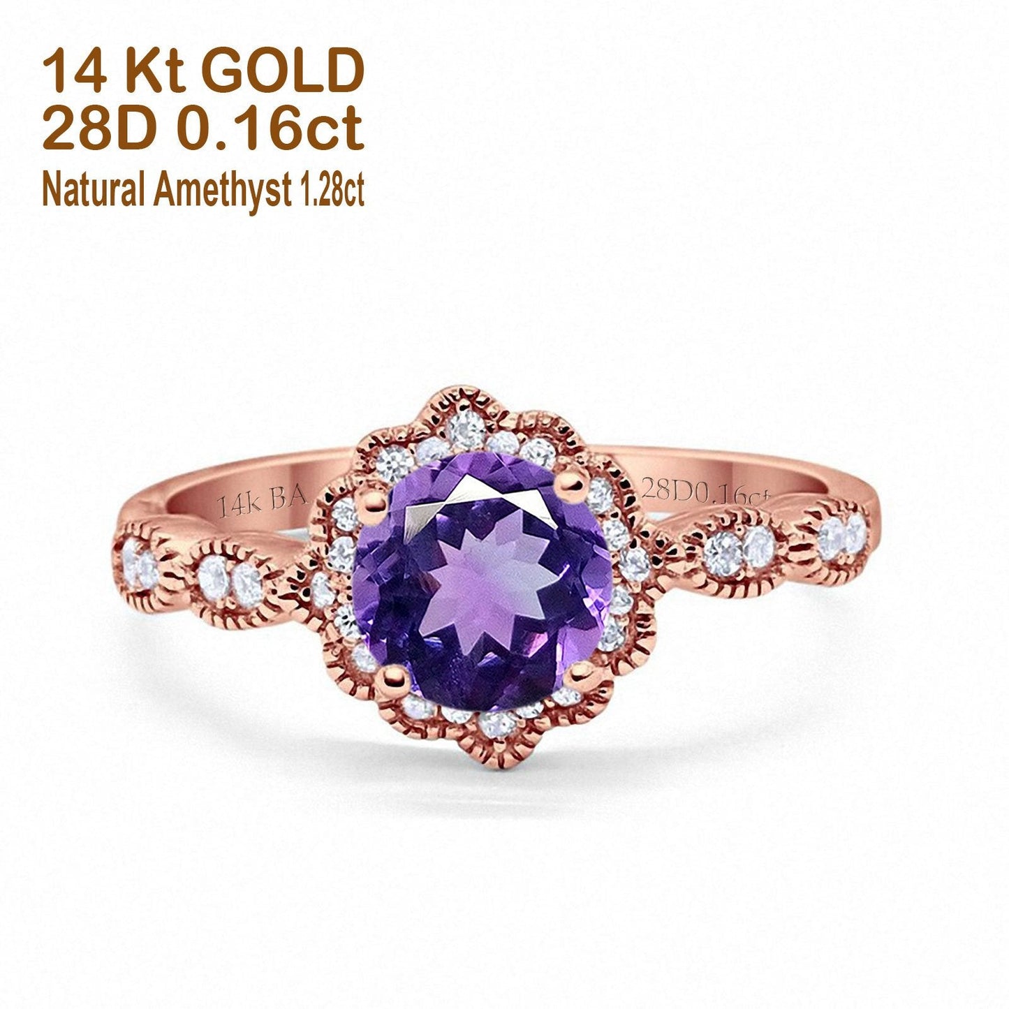 14K Rose Gold Round Natural Amethyst 1.44ct G SI Diamond Engagement Ring Size 6.5