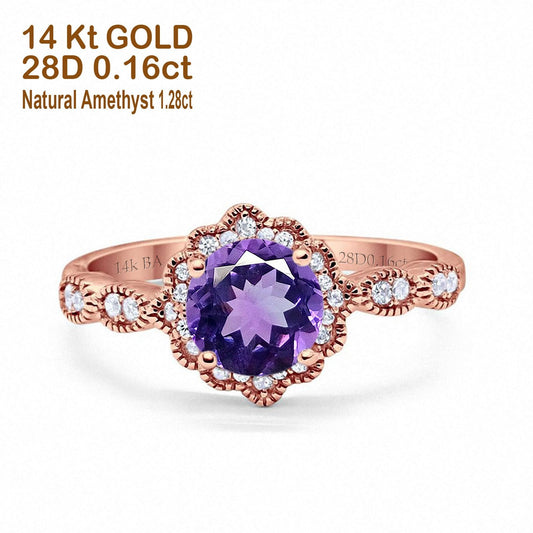 14K Rose Gold Round Natural Amethyst 1.44ct G SI Diamond Engagement Ring Size 6.5