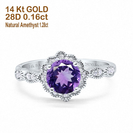 14K White Gold Round Natural Amethyst 1.44ct G SI Diamond Engagement Ring Size 6.5