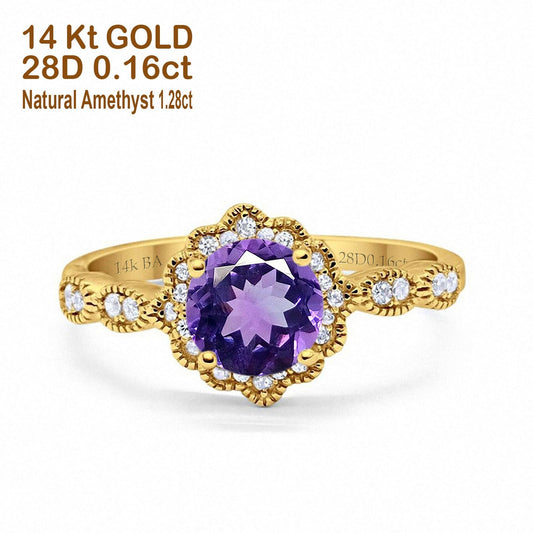 14K Yellow Gold Round Natural Amethyst 1.44ct G SI Diamond Engagement Ring Size 6.5