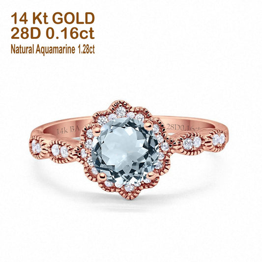 14K Rose Gold Round Natural Aquamarine 1.44ct G SI Diamond Engagement Ring Size 6.5