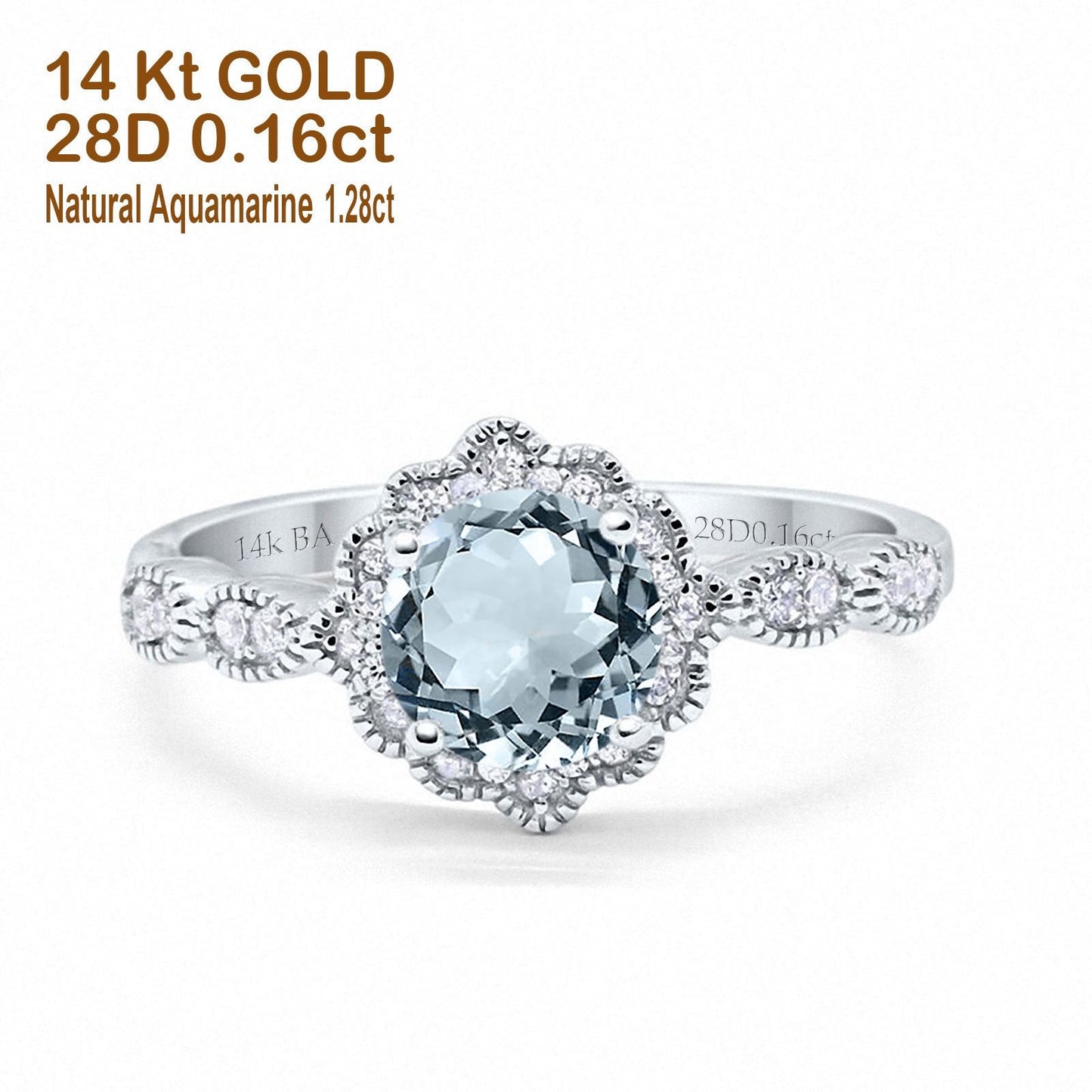 14K White Gold Round Natural Aquamarine 1.44ct G SI Diamond Engagement Ring Size 6.5