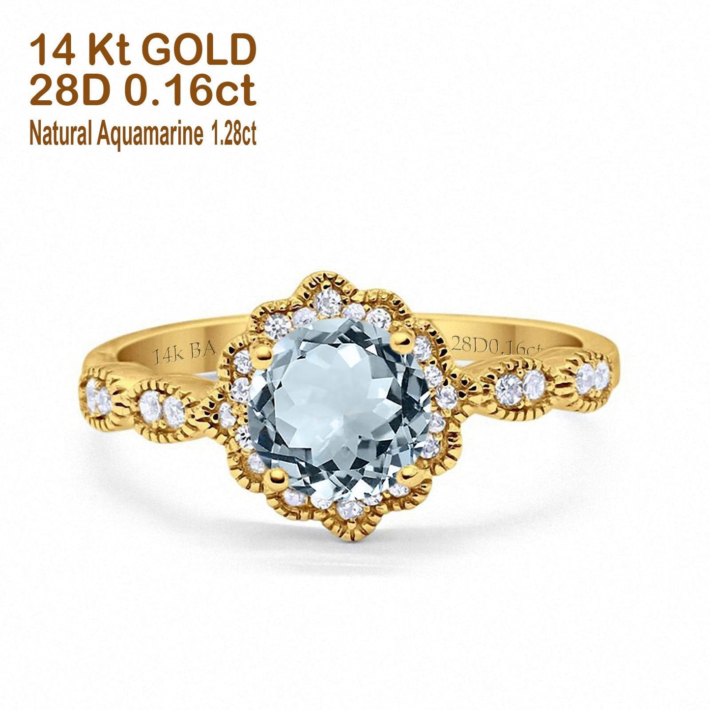 Bague de fiançailles en or jaune 14 carats avec aigue-marine naturelle ronde de 1,44 ct G SI diamant taille 6,5