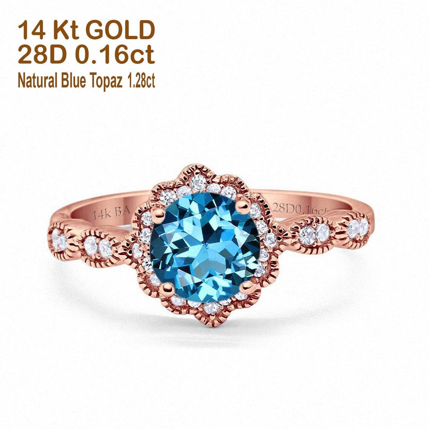 14K Rose Gold Round Natural Swiss Blue Topaz 1.44ct G SI Diamond Engagement Ring Size 6.5