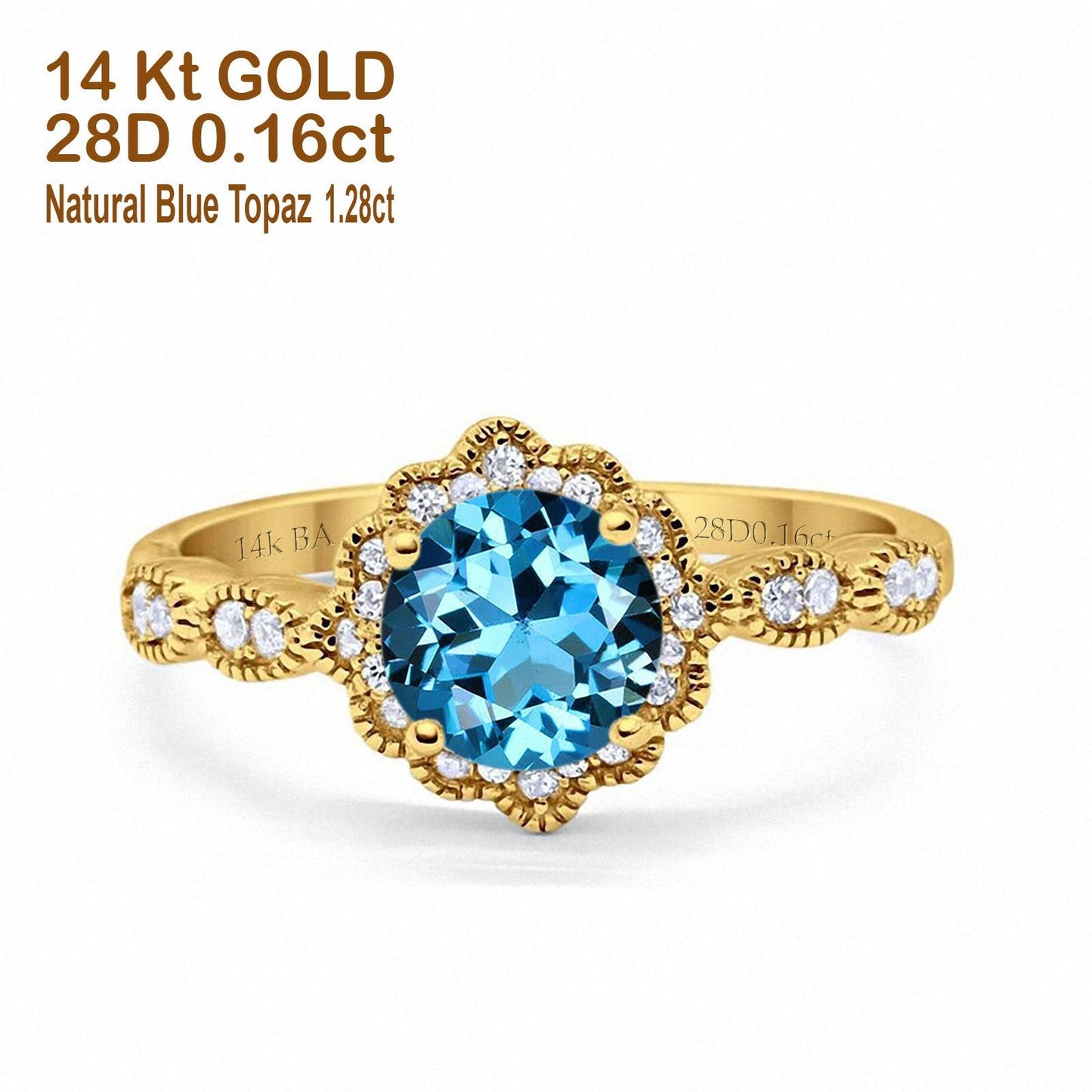 Bague de fiançailles en or jaune 14 carats avec topaze bleue suisse naturelle ronde de 1,44 ct G SI et diamant, taille 6,5