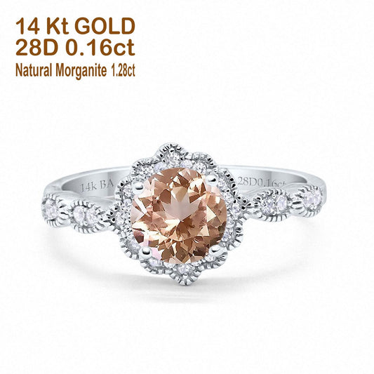 14K White Gold Round Natural Morganite 1.44ct G SI Diamond Engagement Ring Size 6.5