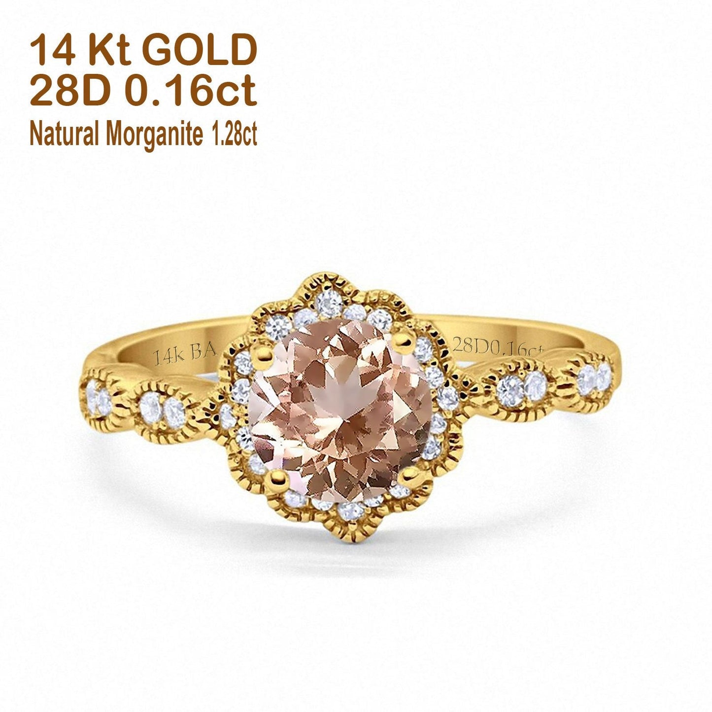 Bague de fiançailles en or jaune 14 carats avec morganite naturelle ronde de 1,44 ct G SI diamant taille 6,5